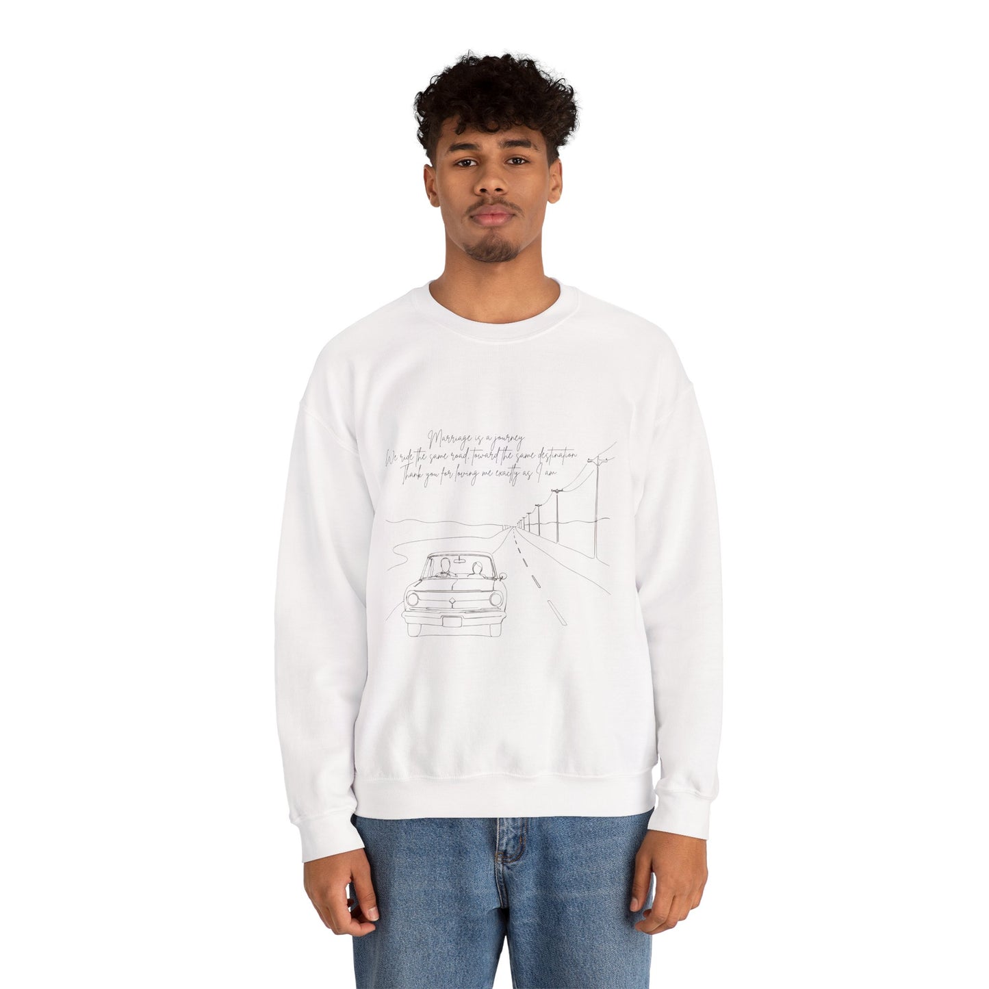Crewneck Sweatshirt — Minimal Road Sketch Graphic with Handwritten Lyrics