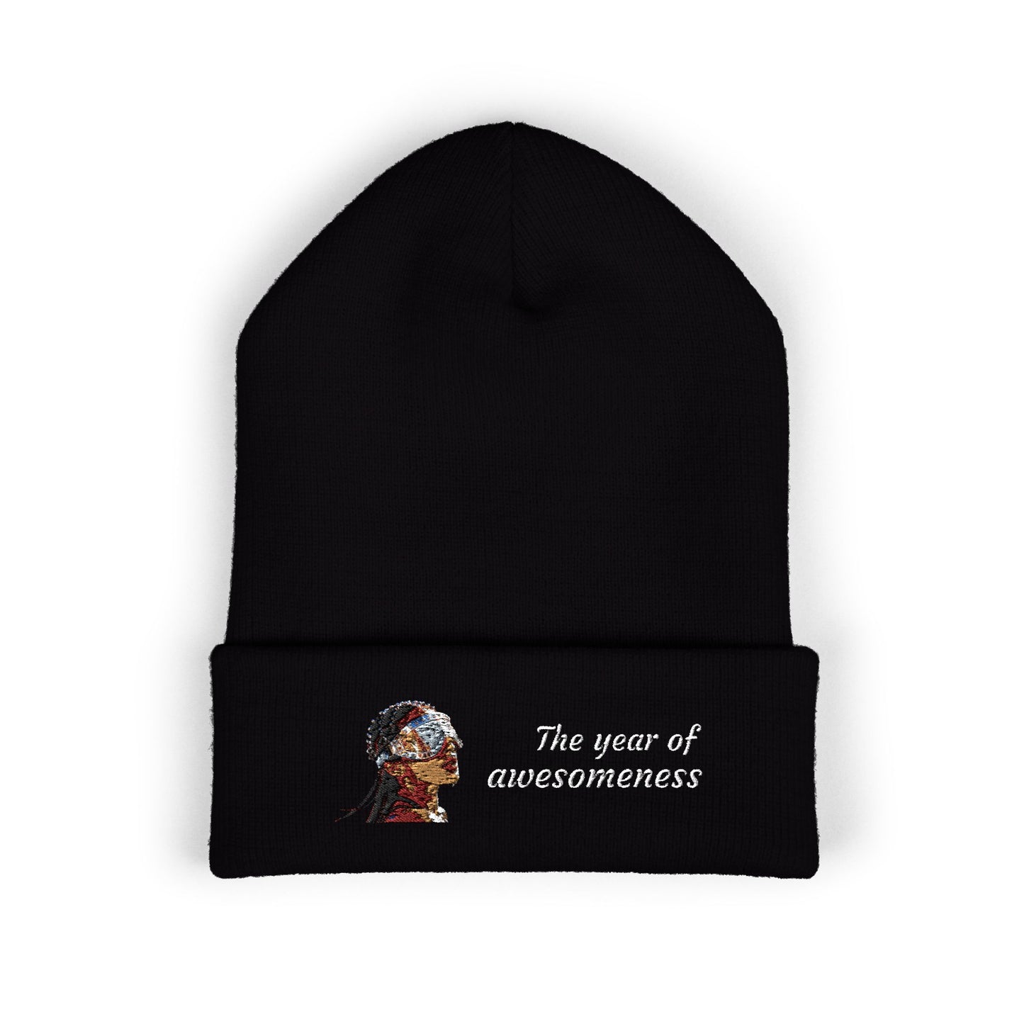 Embroidered Portrait Cuffed Beanie – Minimal Artist Face Knit Hat