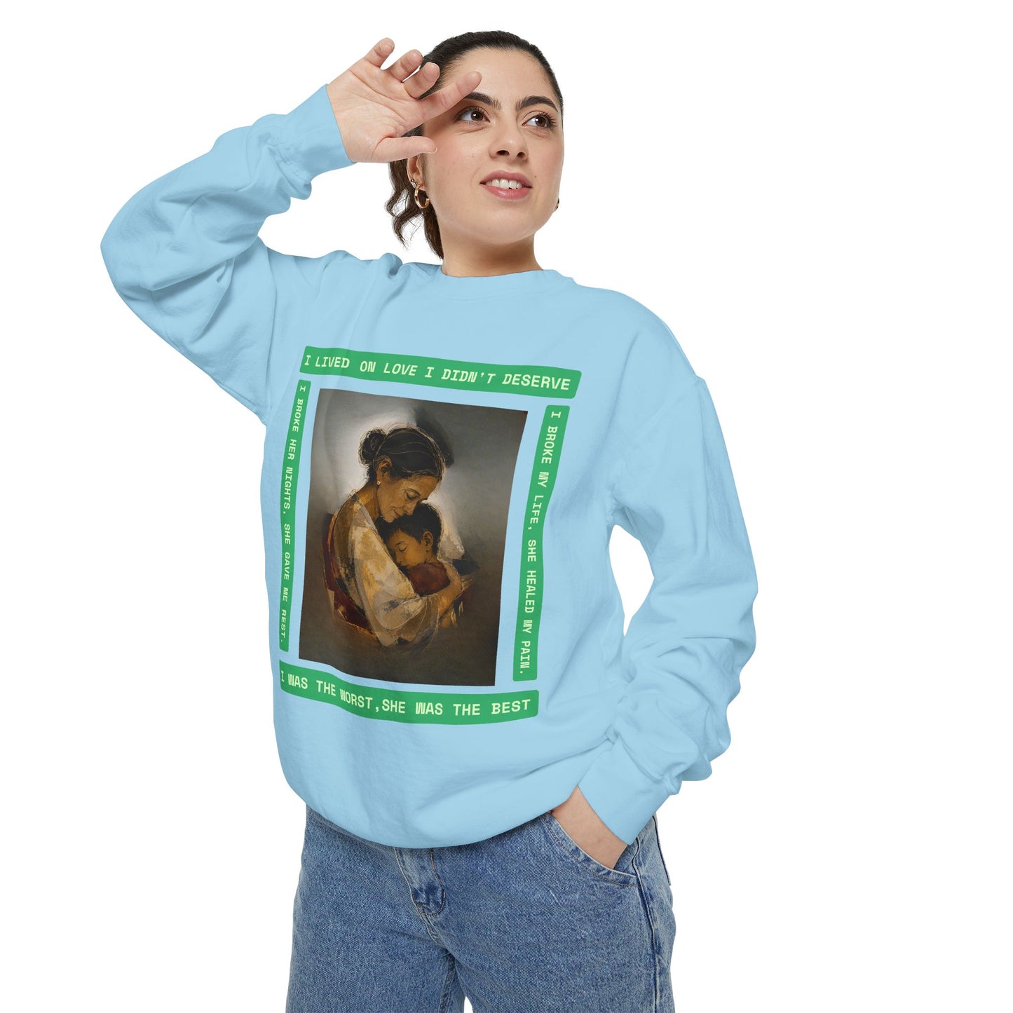 Mother & Child Sweatshirt — Vintage Art Crewneck with "I Lived, I Loved" Quote