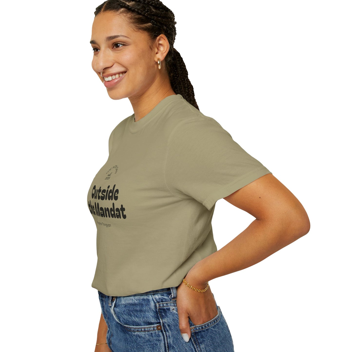 Outside the Mandate T-shirt | Minimal Text Graphic, Small Center Chest Print