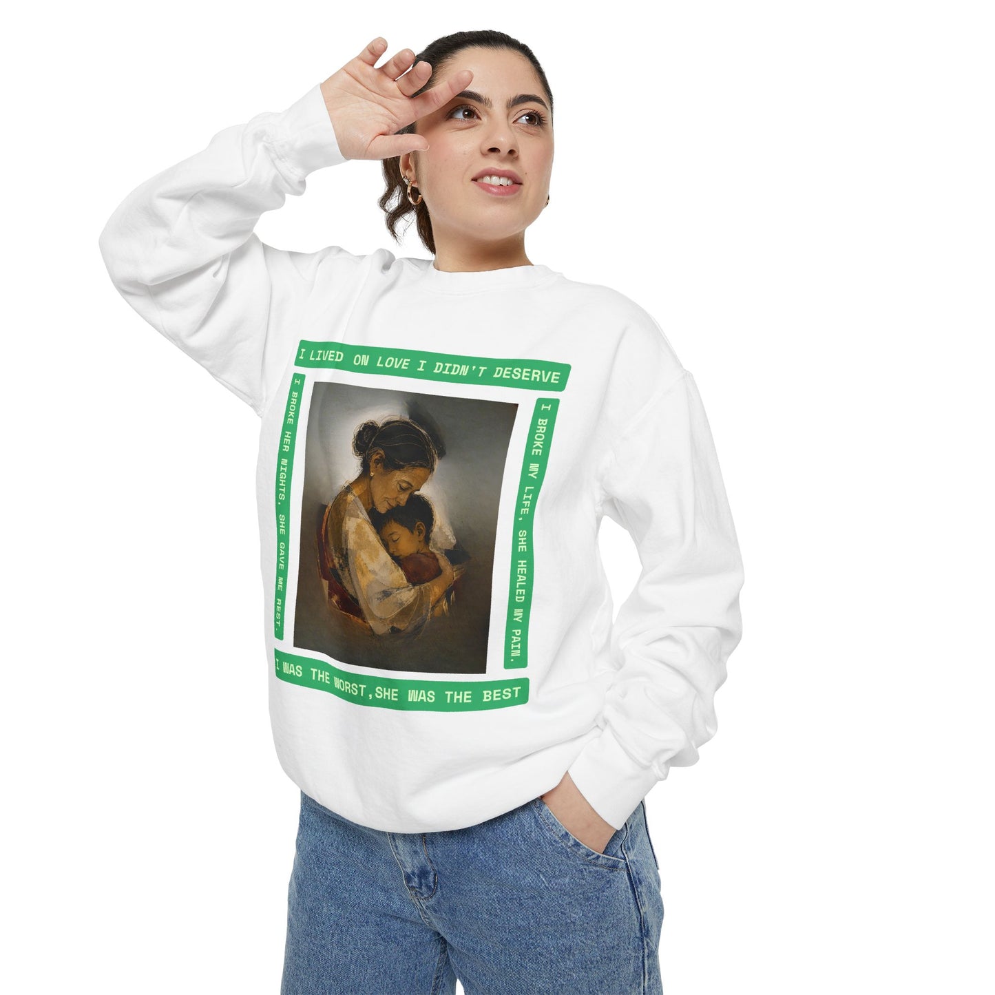 Mother & Child Sweatshirt — Vintage Art Crewneck with "I Lived, I Loved" Quote