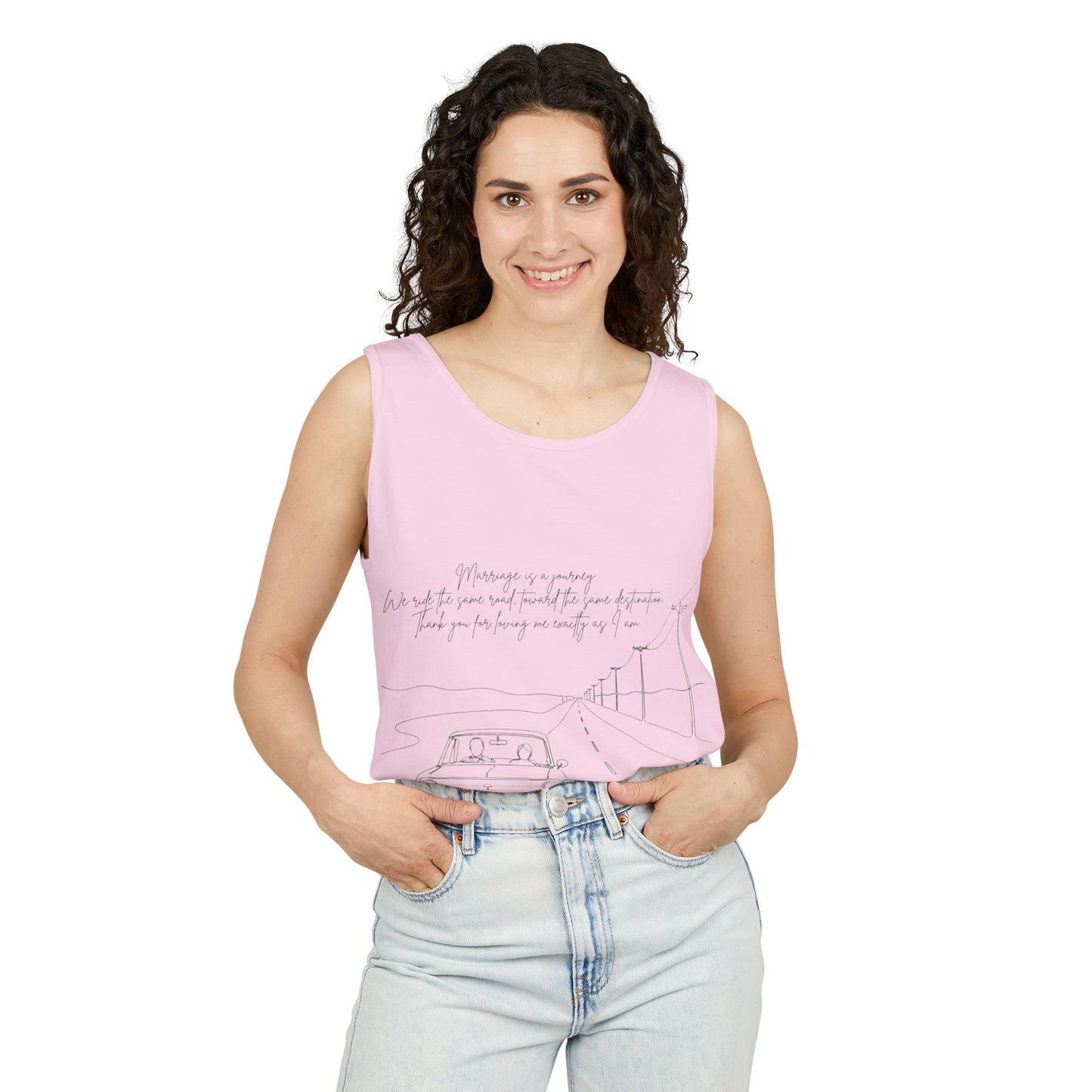 Sketch Roadtrip Tank Top — Minimal Car Line Art with Handwritten Lyric Text