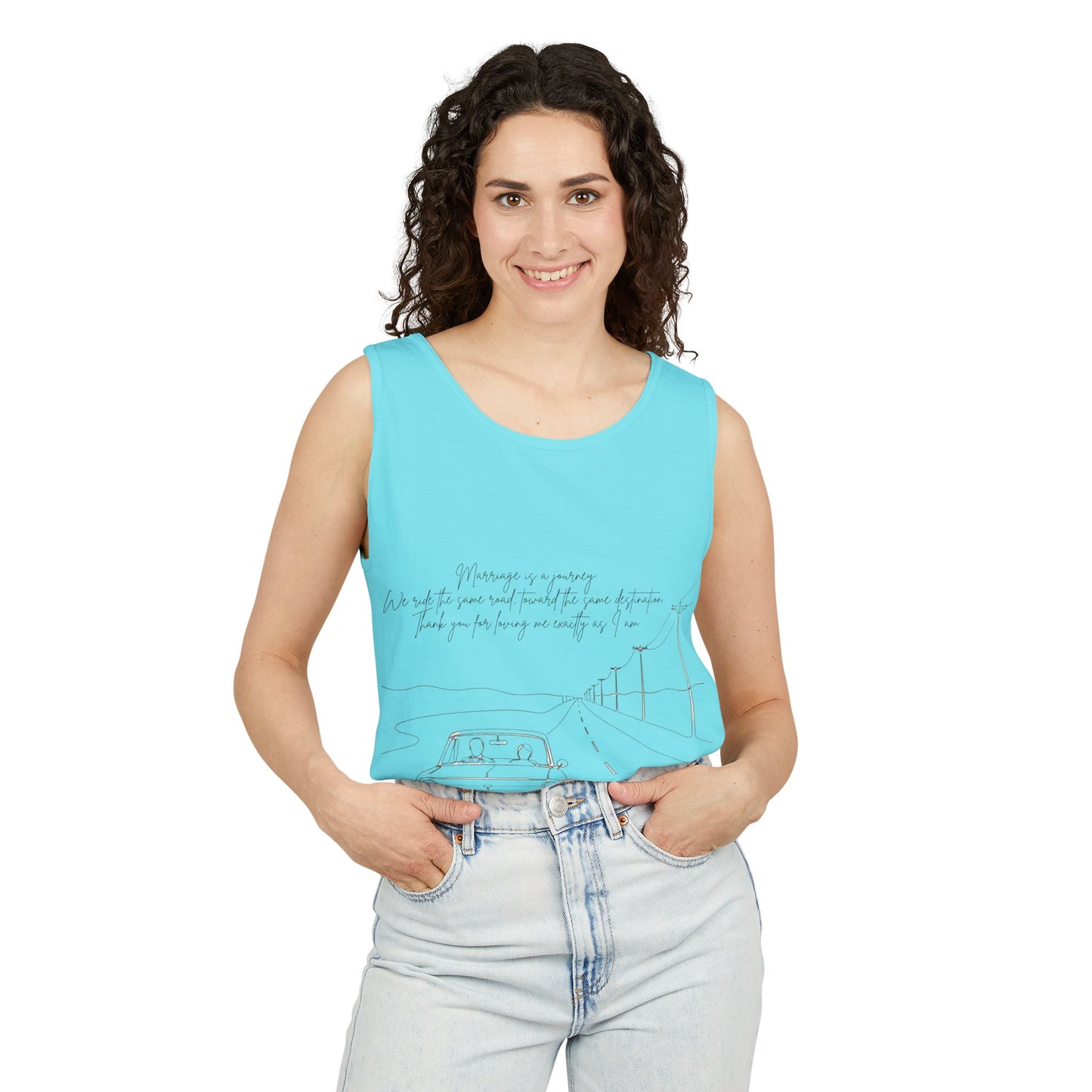 Sketch Roadtrip Tank Top — Minimal Car Line Art with Handwritten Lyric Text