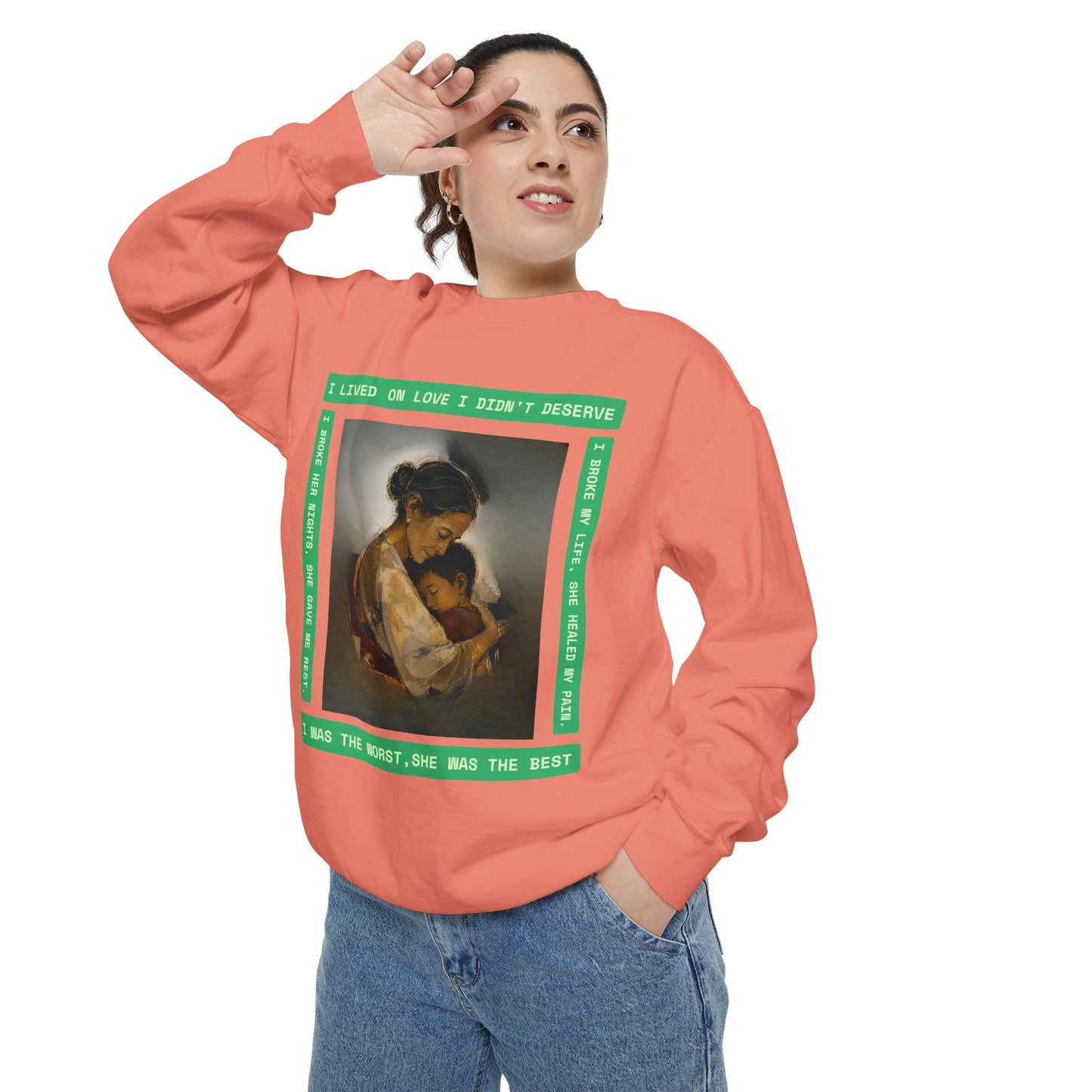 Mother & Child Sweatshirt — Vintage Art Crewneck with "I Lived, I Loved" Quote