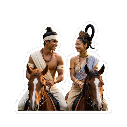 Historical Romance Couple Kiss-Cut Sticker — Thai Warrior & Princess on Horses