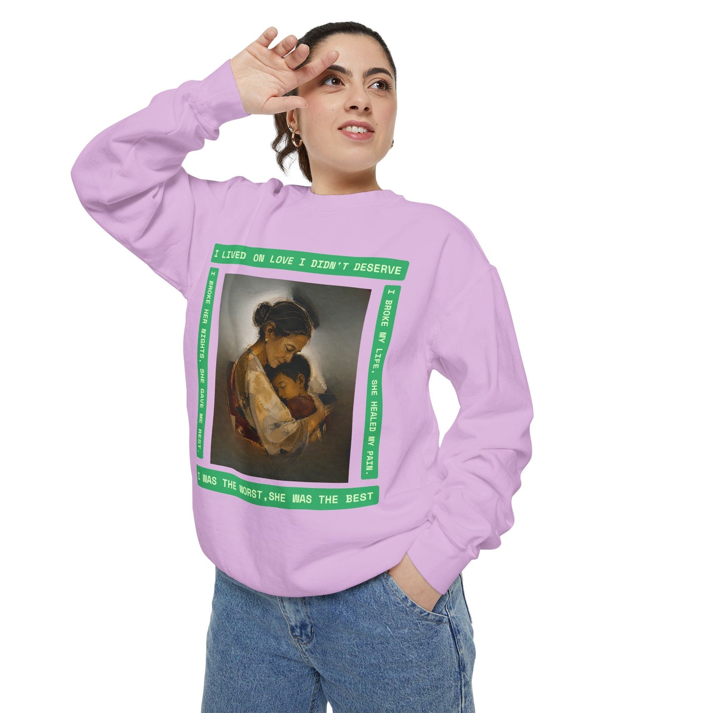 Mother & Child Sweatshirt — Vintage Art Crewneck with "I Lived, I Loved" Quote