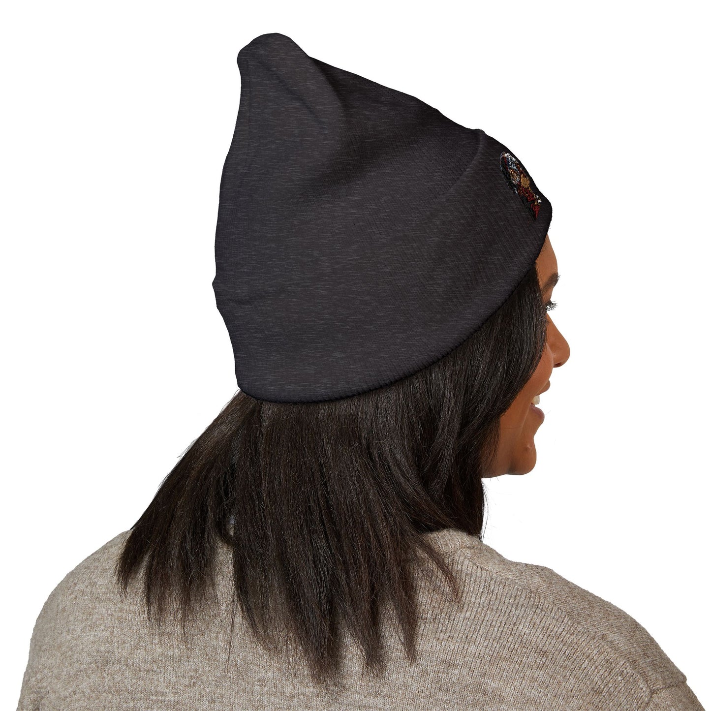 Embroidered Portrait Cuffed Beanie – Minimal Artist Face Knit Hat