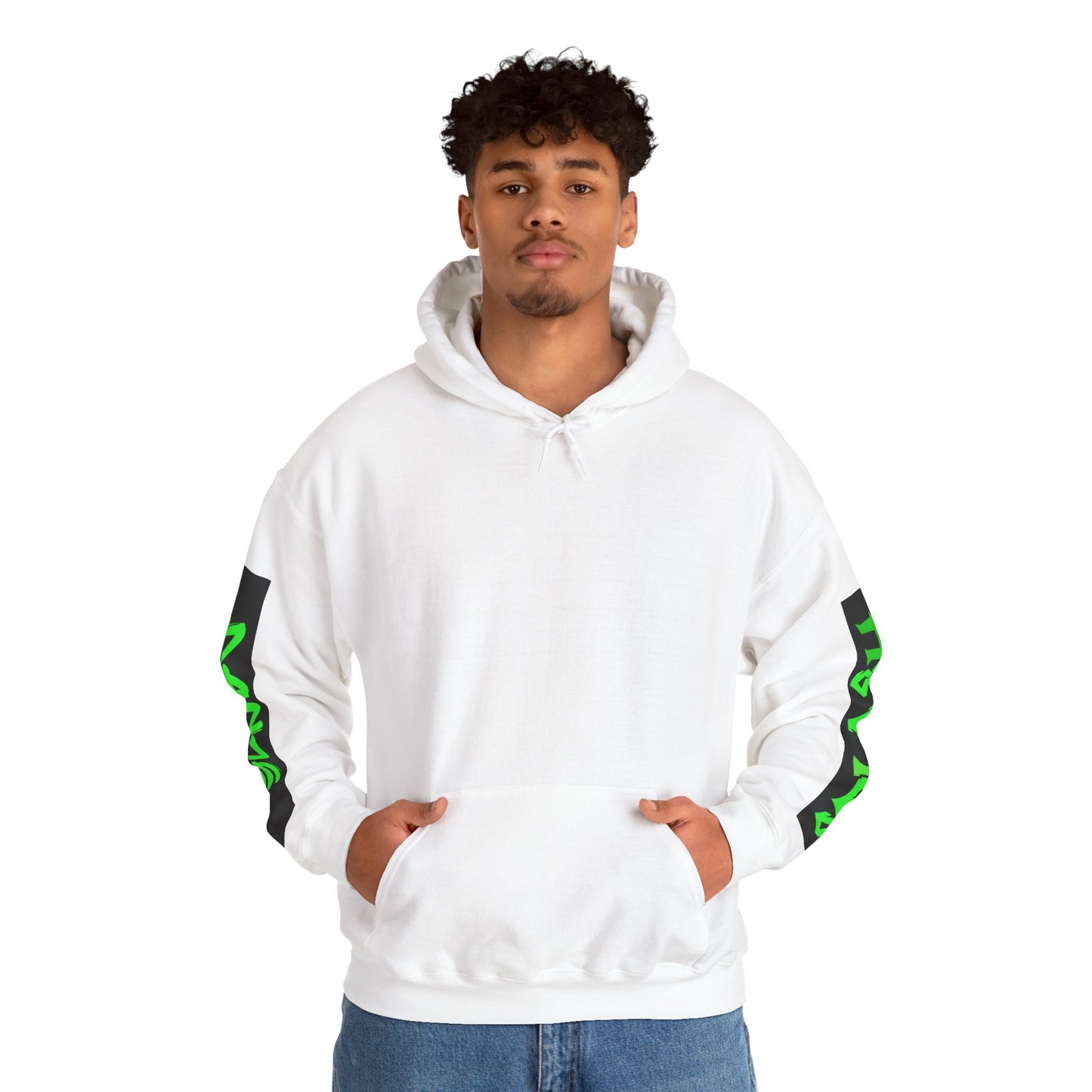Graphic Sleeve Hoodie — Neon Green Streetwear Text on White Hooded Sweatshirt
