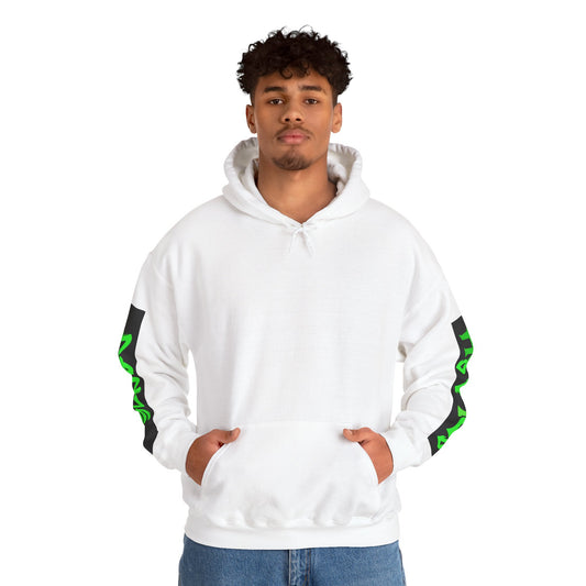 Graphic Sleeve Hoodie — Neon Green Streetwear Text on White Hooded Sweatshirt