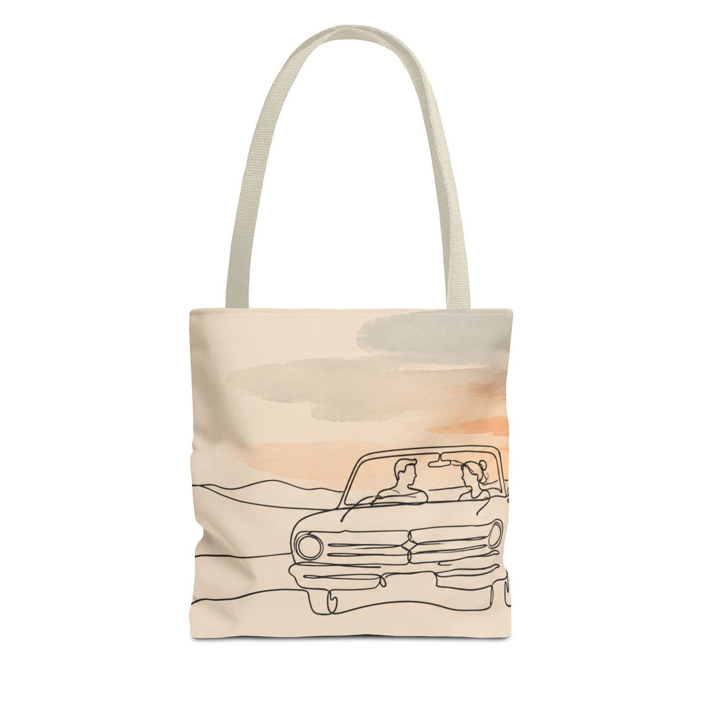 Beach Road Sunset Tote Bag — Hand-Drawn Retro Car & Sunset Illustration