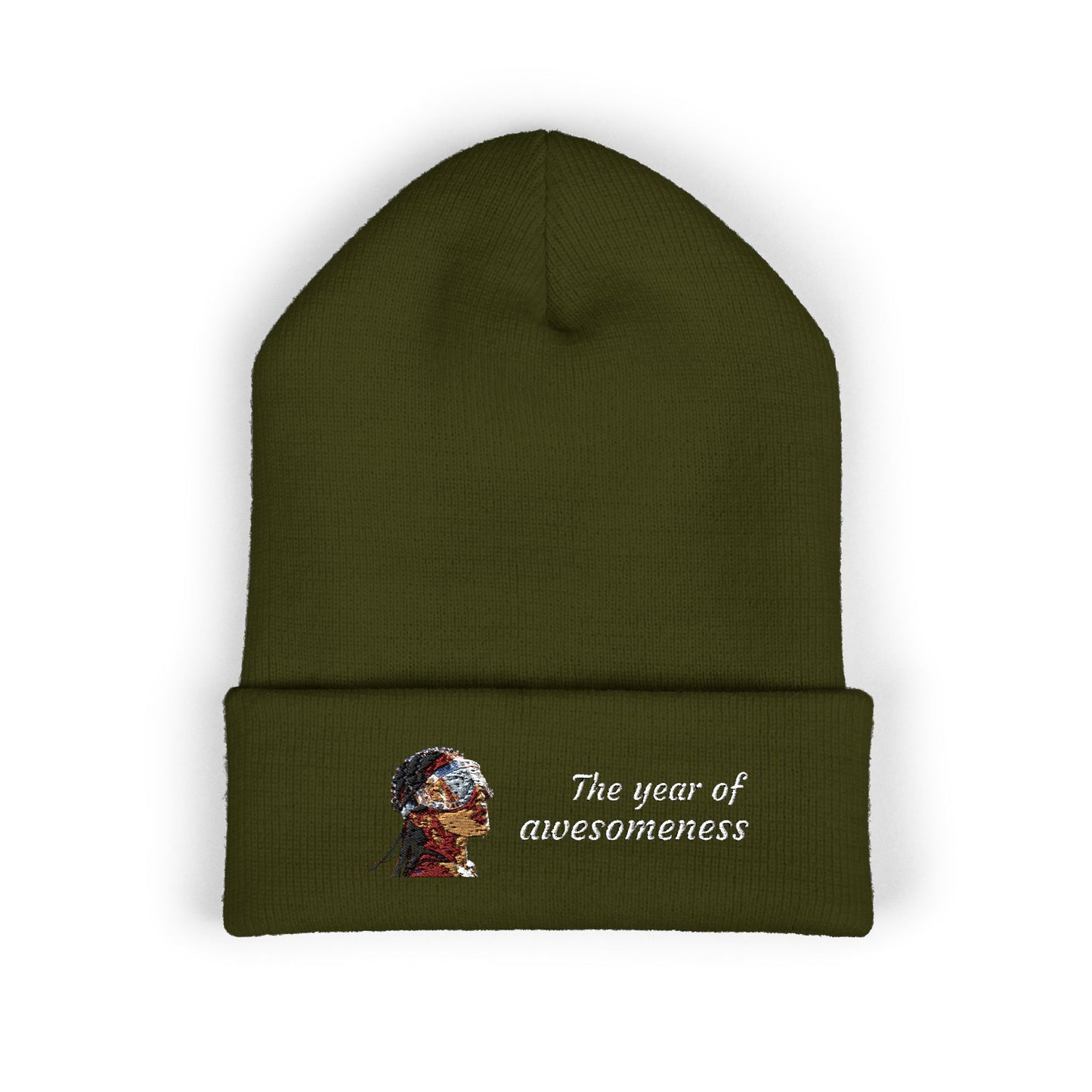 Embroidered Portrait Cuffed Beanie – Minimal Artist Face Knit Hat