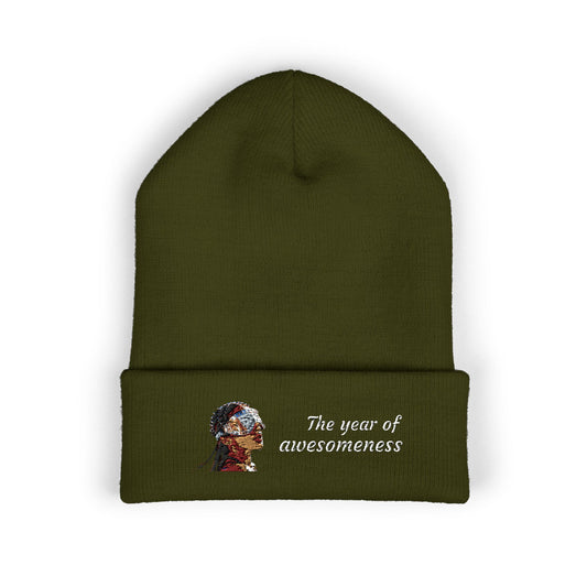 Embroidered Portrait Cuffed Beanie – Minimal Artist Face Knit Hat