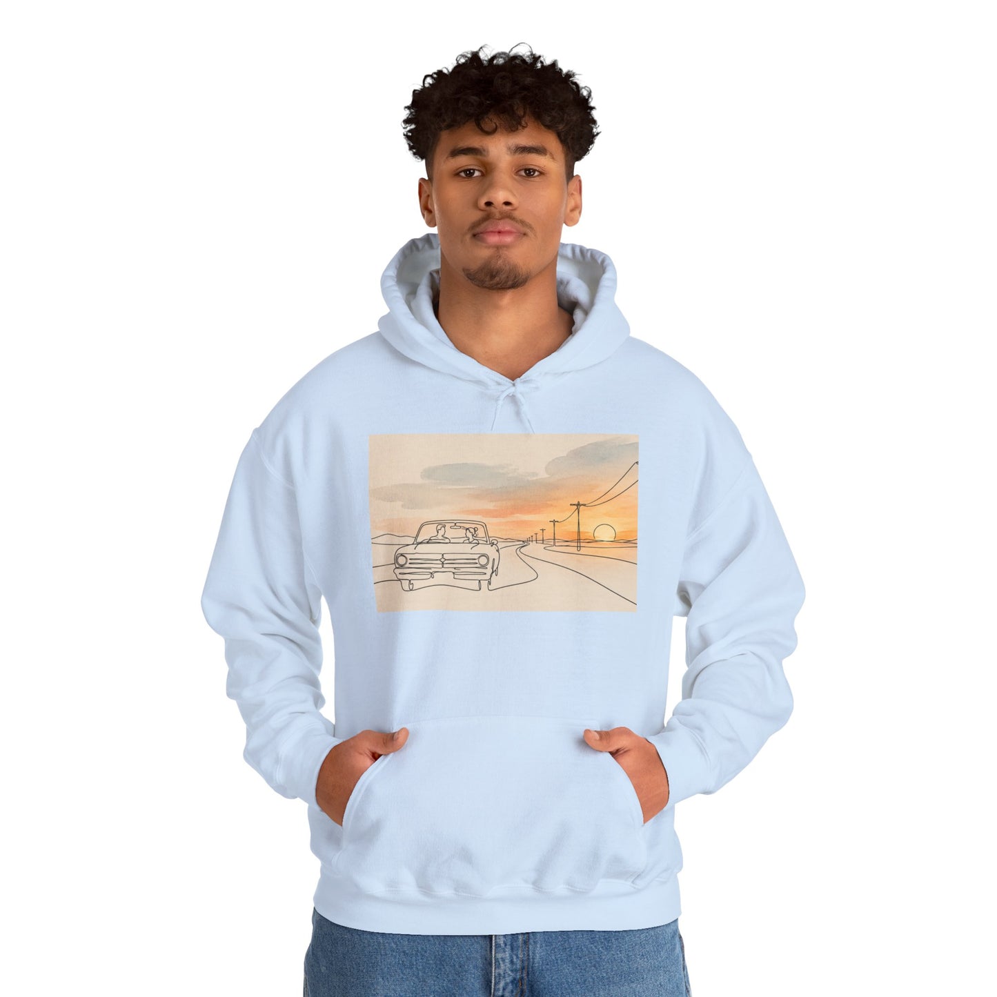 Sunset Drive Hoodie – Retro Car Road Trip Graphic Sweatshirt