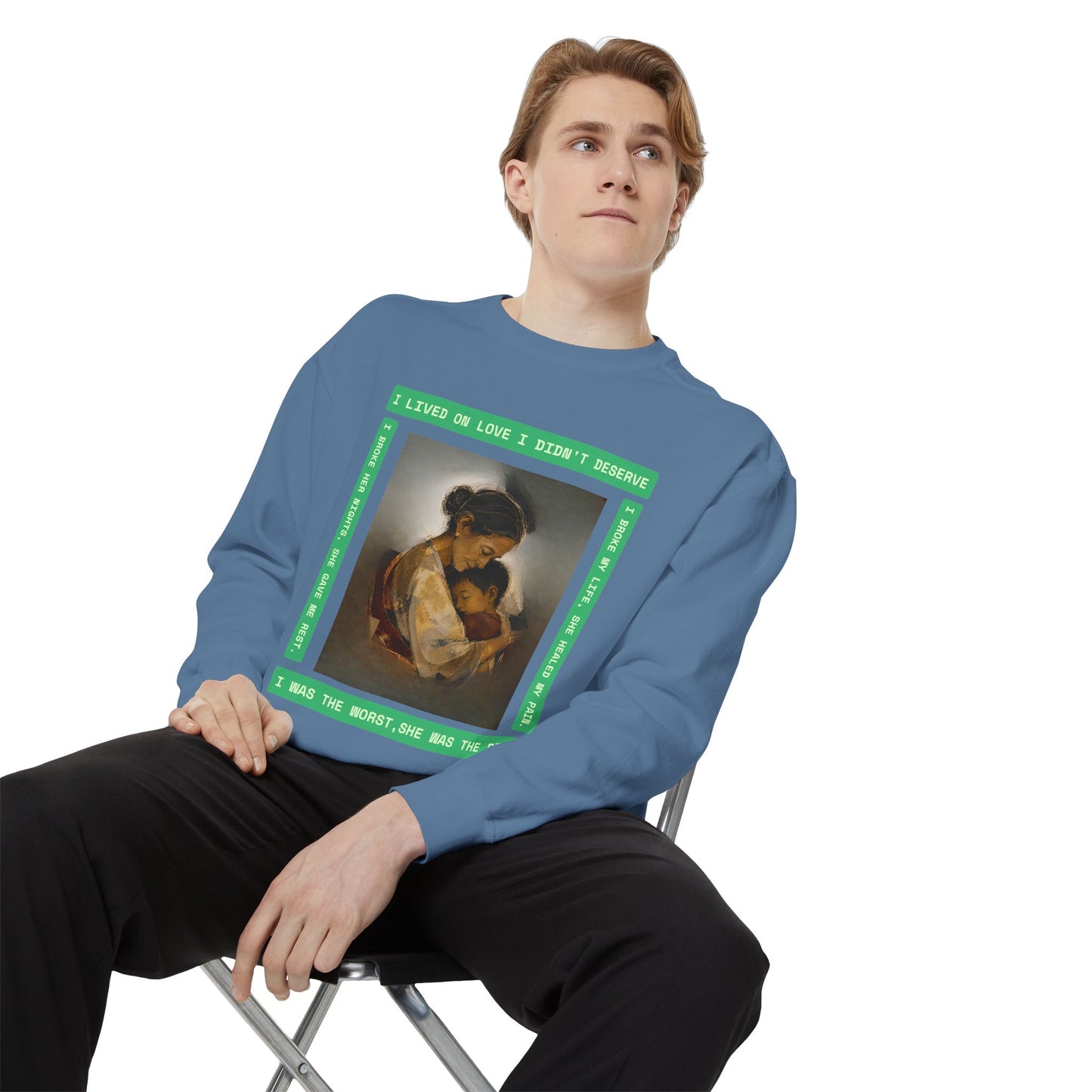 Mother & Child Sweatshirt — Vintage Art Crewneck with "I Lived, I Loved" Quote