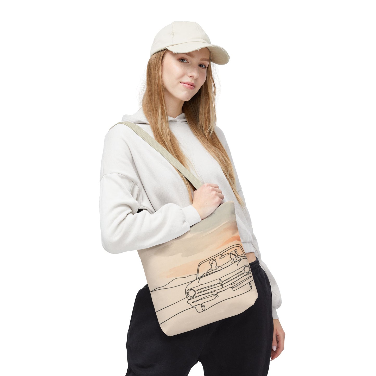 Beach Road Sunset Tote Bag — Hand-Drawn Retro Car & Sunset Illustration