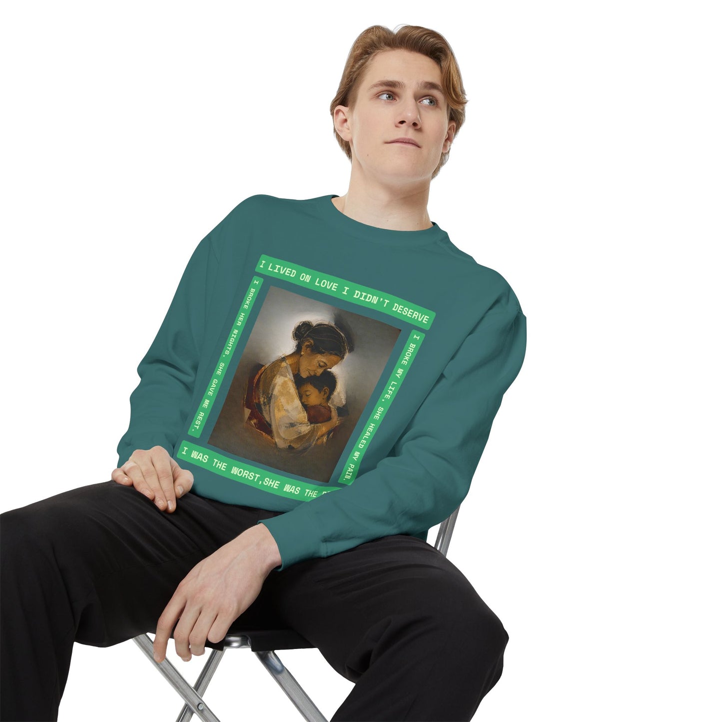 Mother & Child Sweatshirt — Vintage Art Crewneck with "I Lived, I Loved" Quote