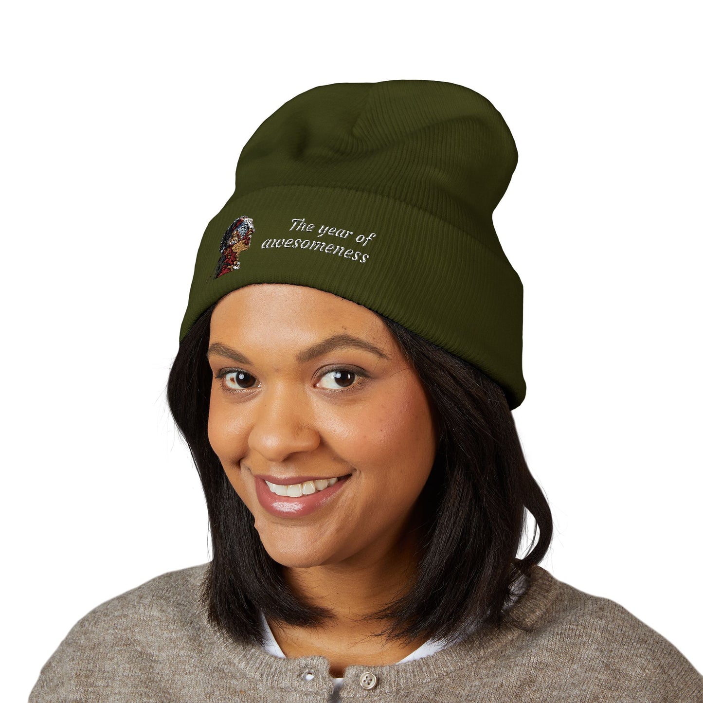Embroidered Portrait Cuffed Beanie – Minimal Artist Face Knit Hat