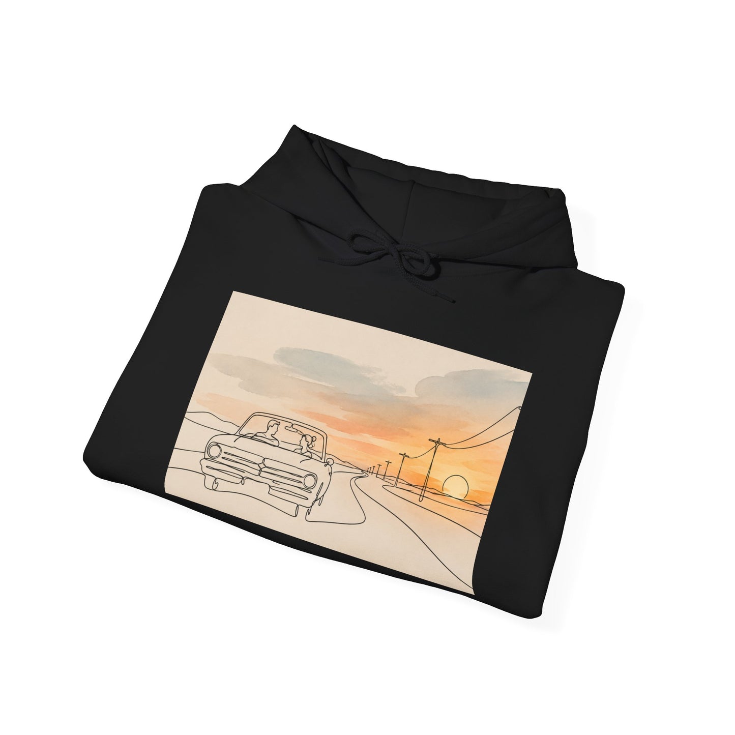 Sunset Drive Hoodie – Retro Car Road Trip Graphic Sweatshirt
