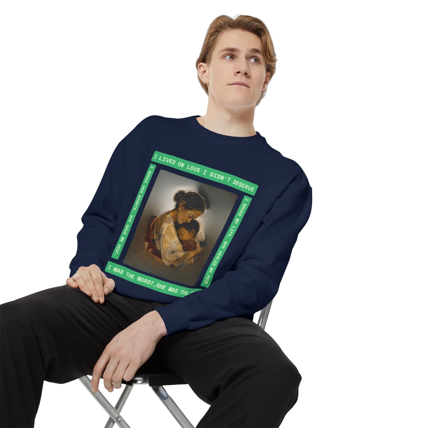 Mother & Child Sweatshirt — Vintage Art Crewneck with "I Lived, I Loved" Quote