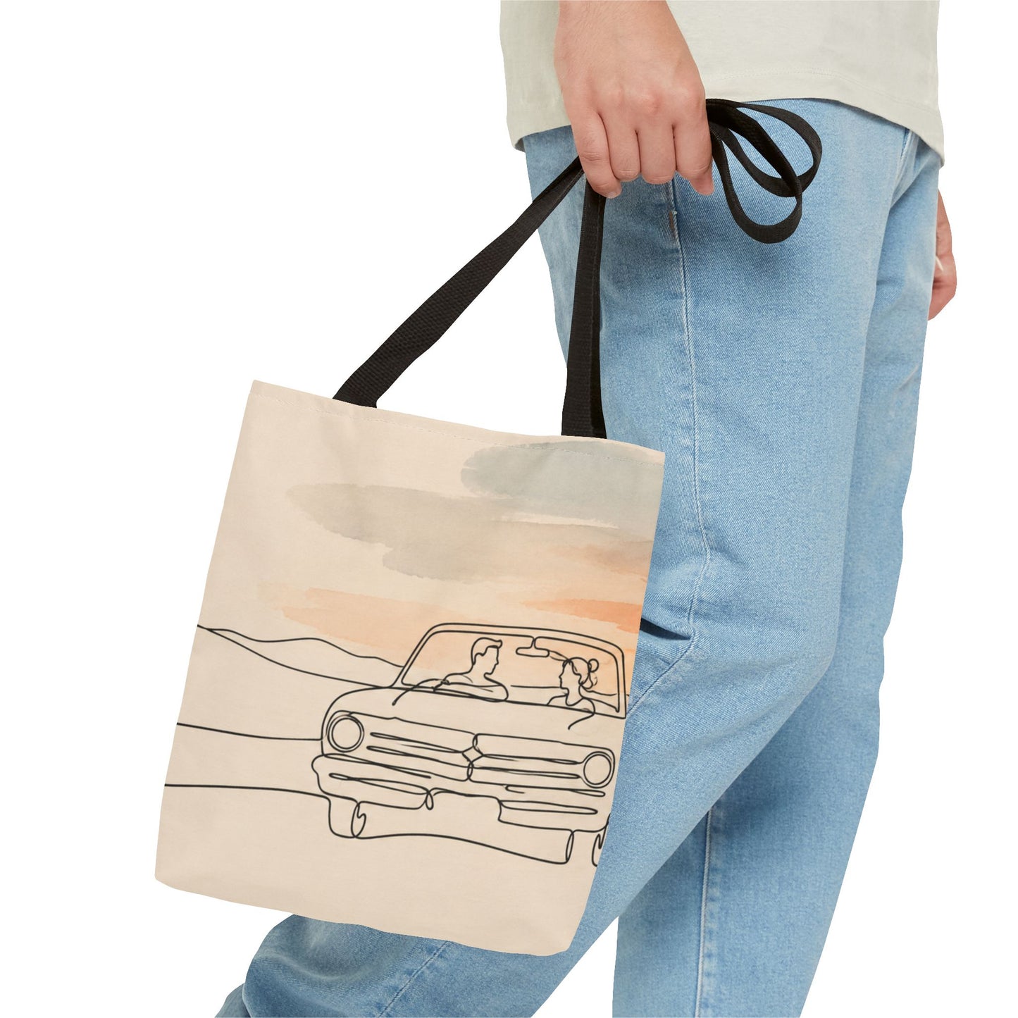 Beach Road Sunset Tote Bag — Hand-Drawn Retro Car & Sunset Illustration