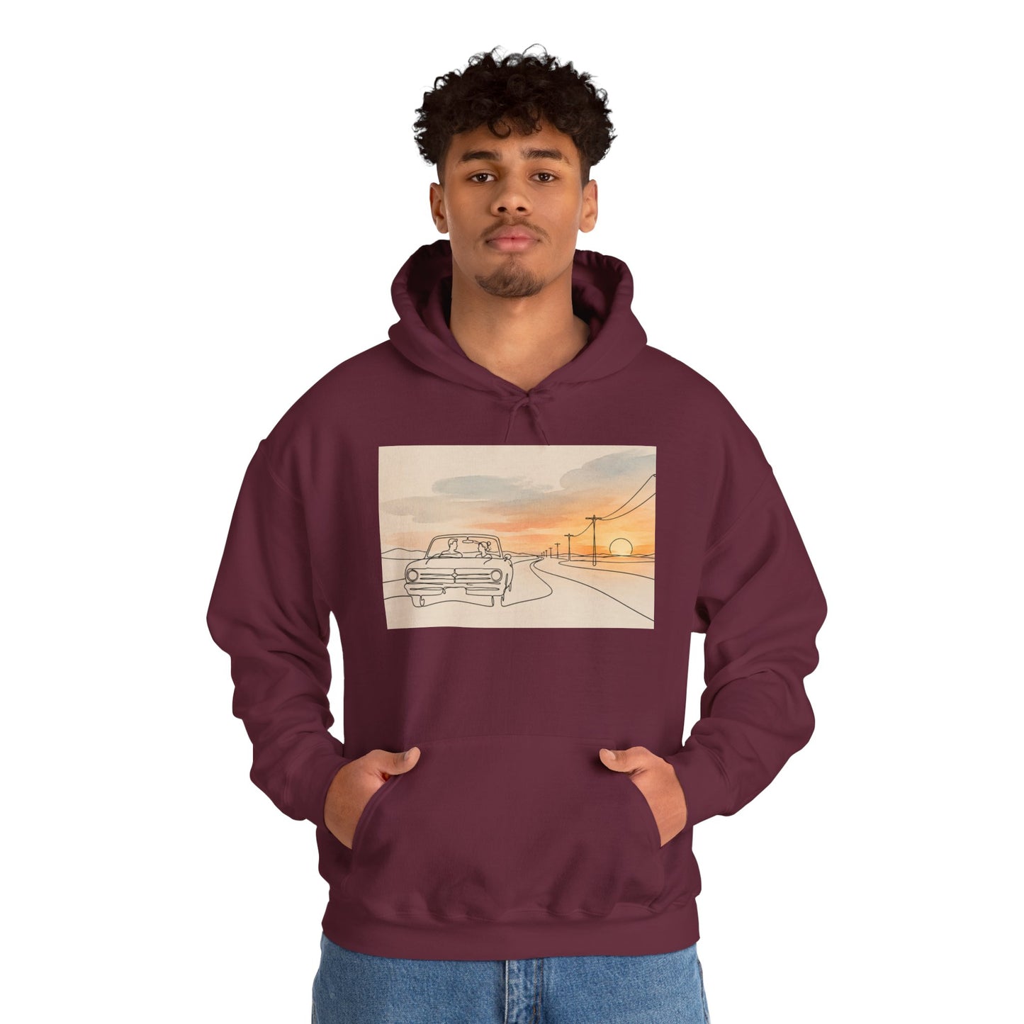 Sunset Drive Hoodie – Retro Car Road Trip Graphic Sweatshirt