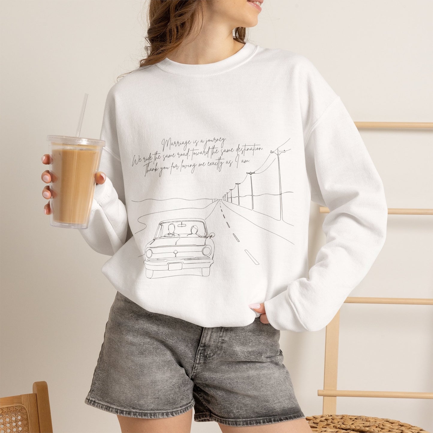 Crewneck Sweatshirt — Minimal Road Sketch Graphic with Handwritten Lyrics