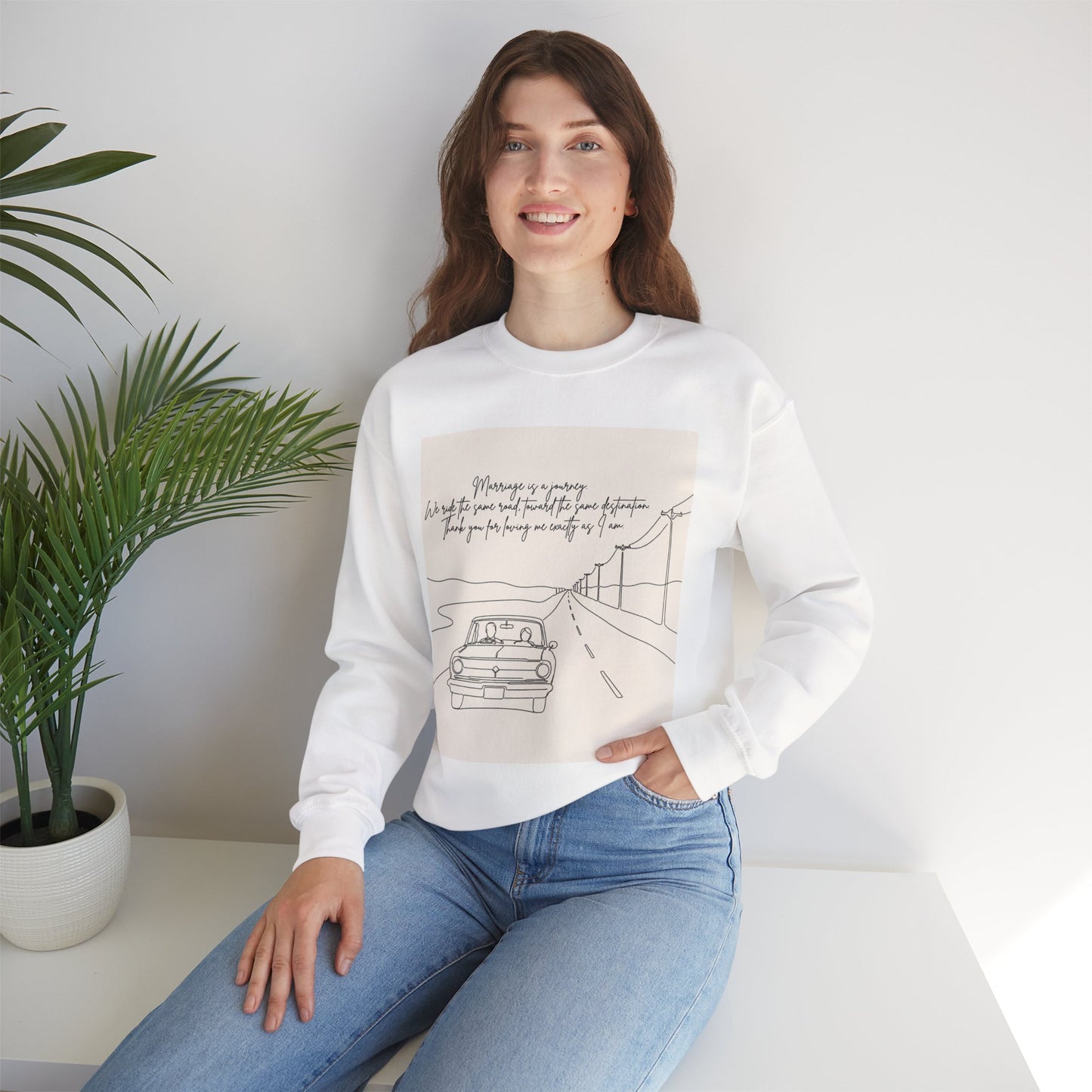 Graphic Sweatshirt — Minimal Line Art Road Trip Design with Inspirational Script