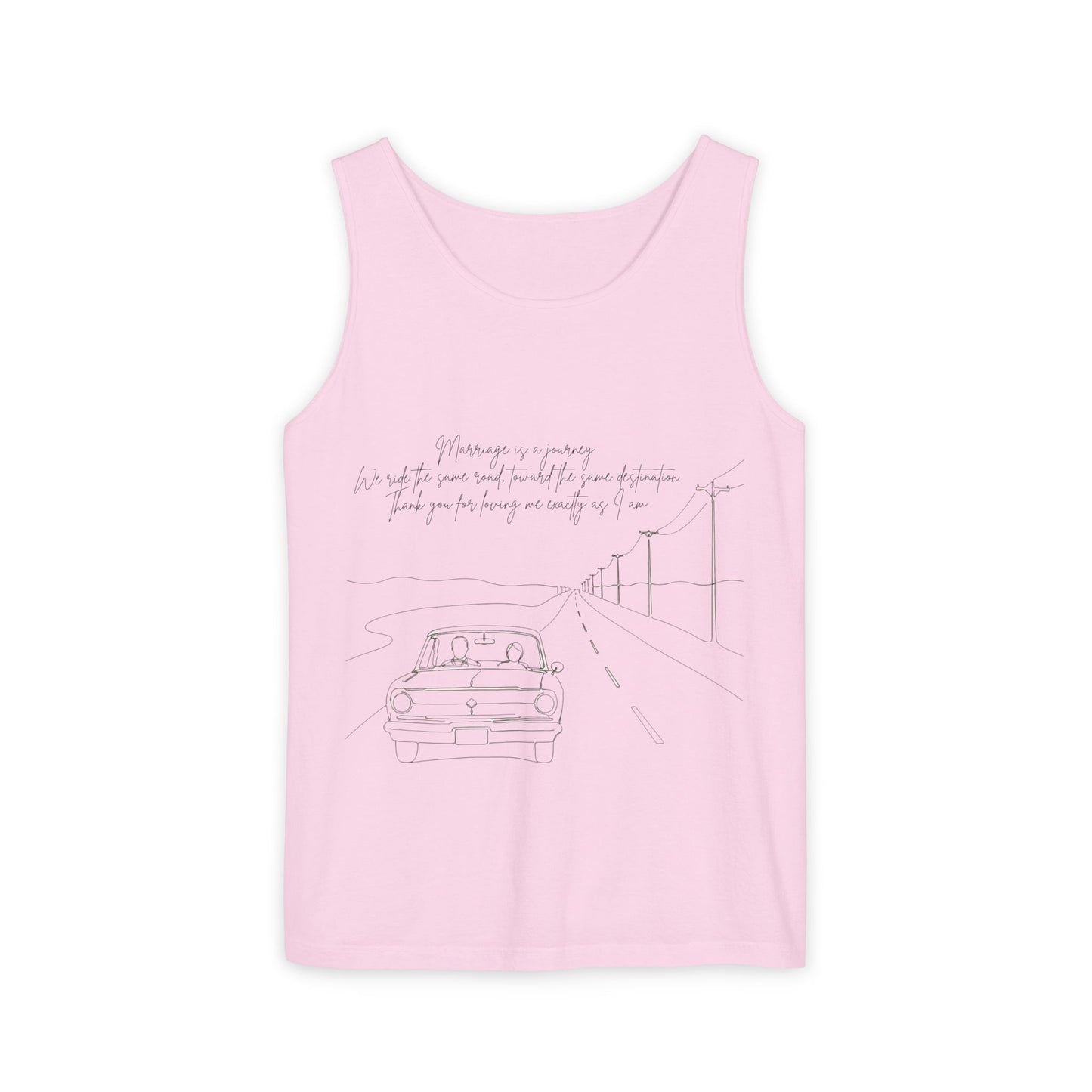 Sketch Roadtrip Tank Top — Minimal Car Line Art with Handwritten Lyric Text
