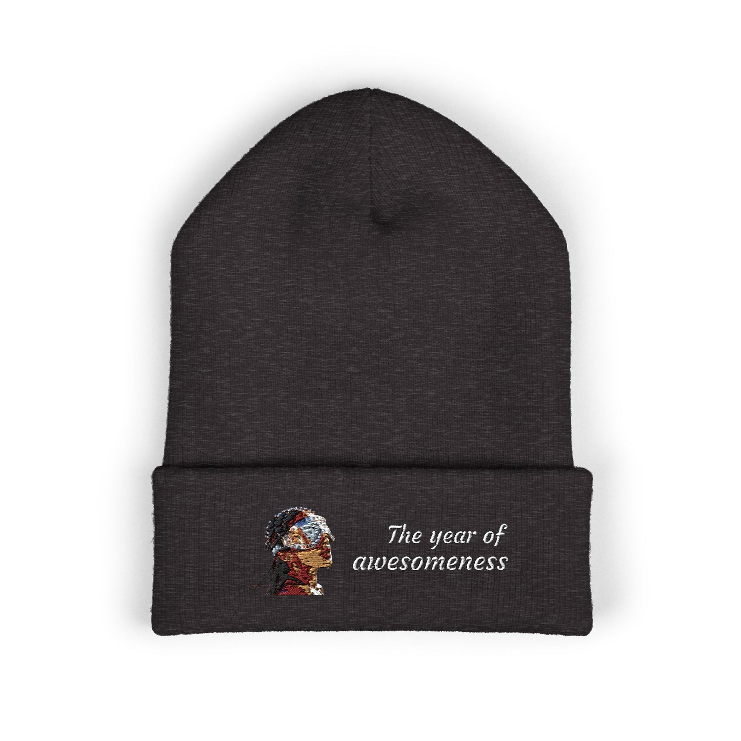 Embroidered Portrait Cuffed Beanie – Minimal Artist Face Knit Hat