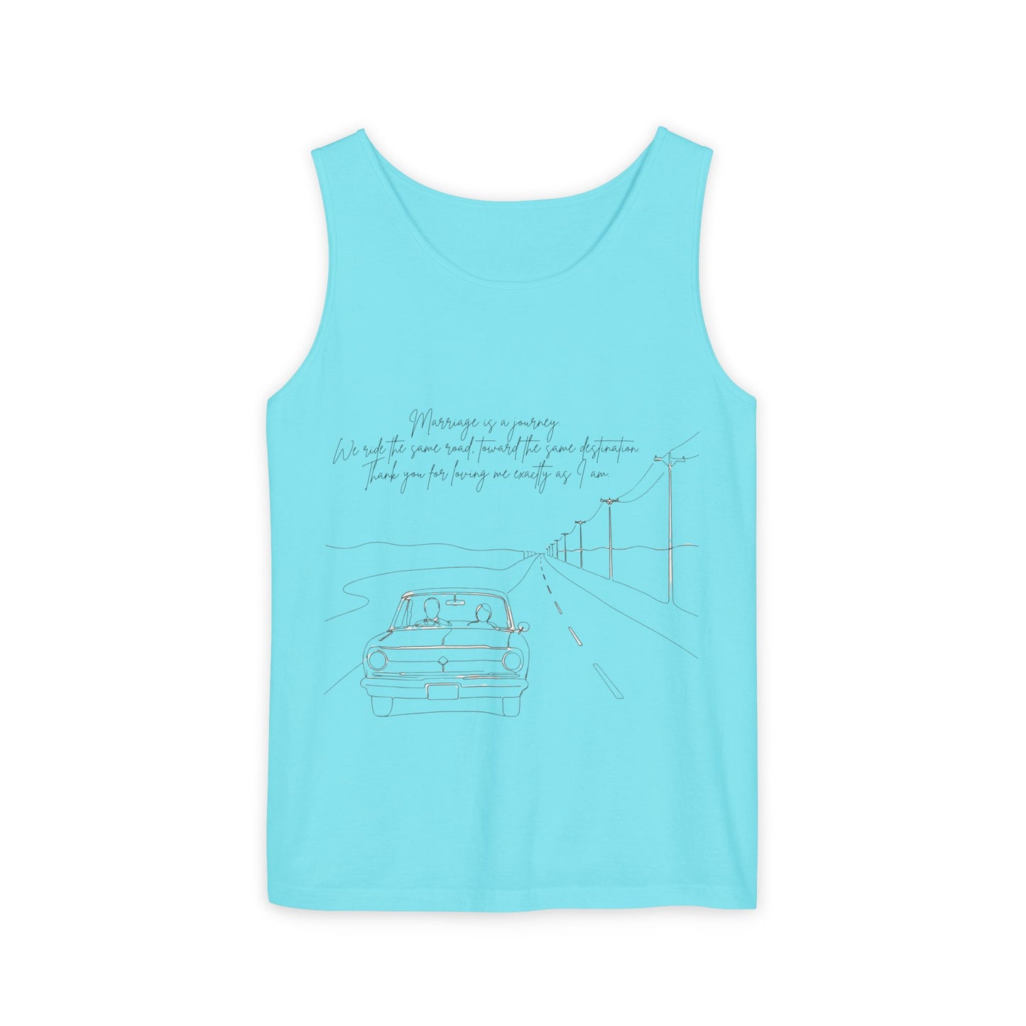 Sketch Roadtrip Tank Top — Minimal Car Line Art with Handwritten Lyric Text