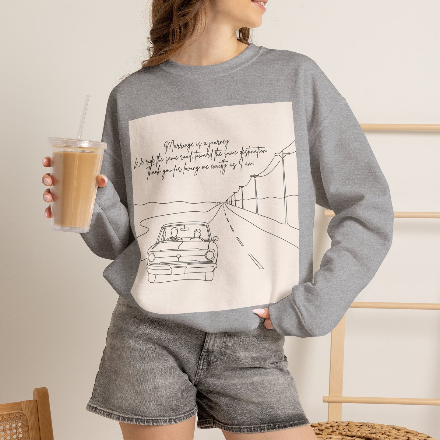 Graphic Sweatshirt — Minimal Line Art Road Trip Design with Inspirational Script