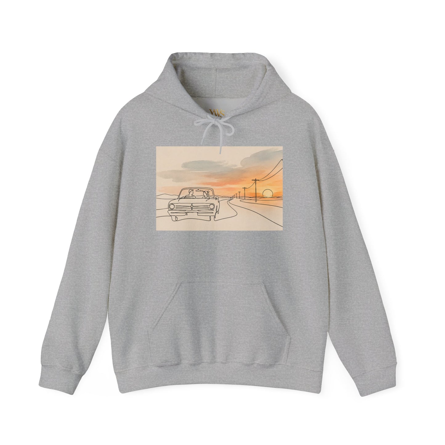 Sunset Drive Hoodie – Retro Car Road Trip Graphic Sweatshirt