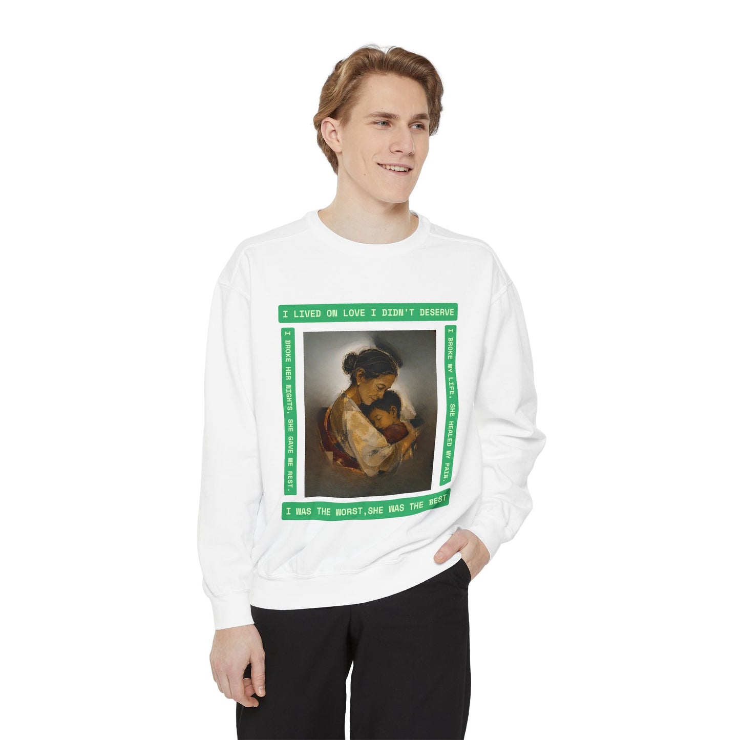 Mother & Child Sweatshirt — Vintage Art Crewneck with "I Lived, I Loved" Quote