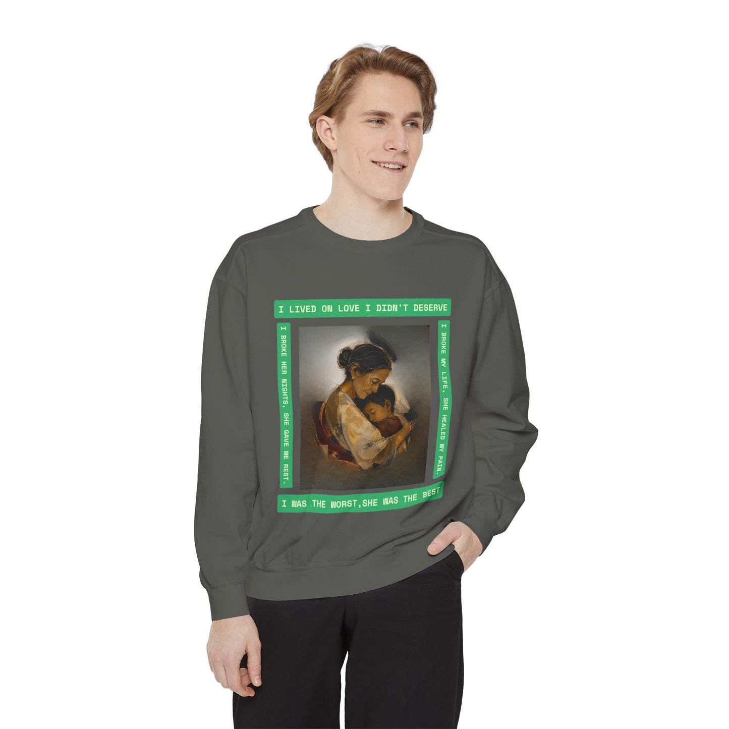 Mother & Child Sweatshirt — Vintage Art Crewneck with "I Lived, I Loved" Quote