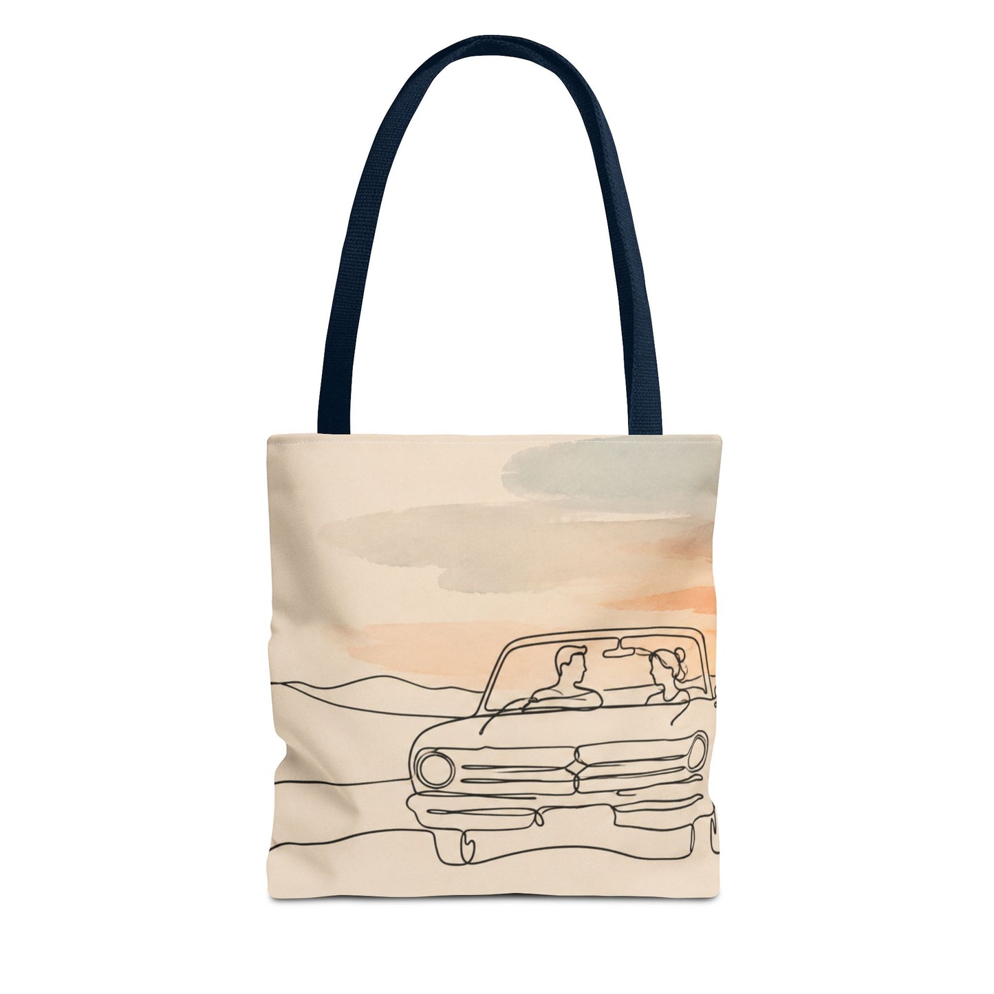 Beach Road Sunset Tote Bag — Hand-Drawn Retro Car & Sunset Illustration