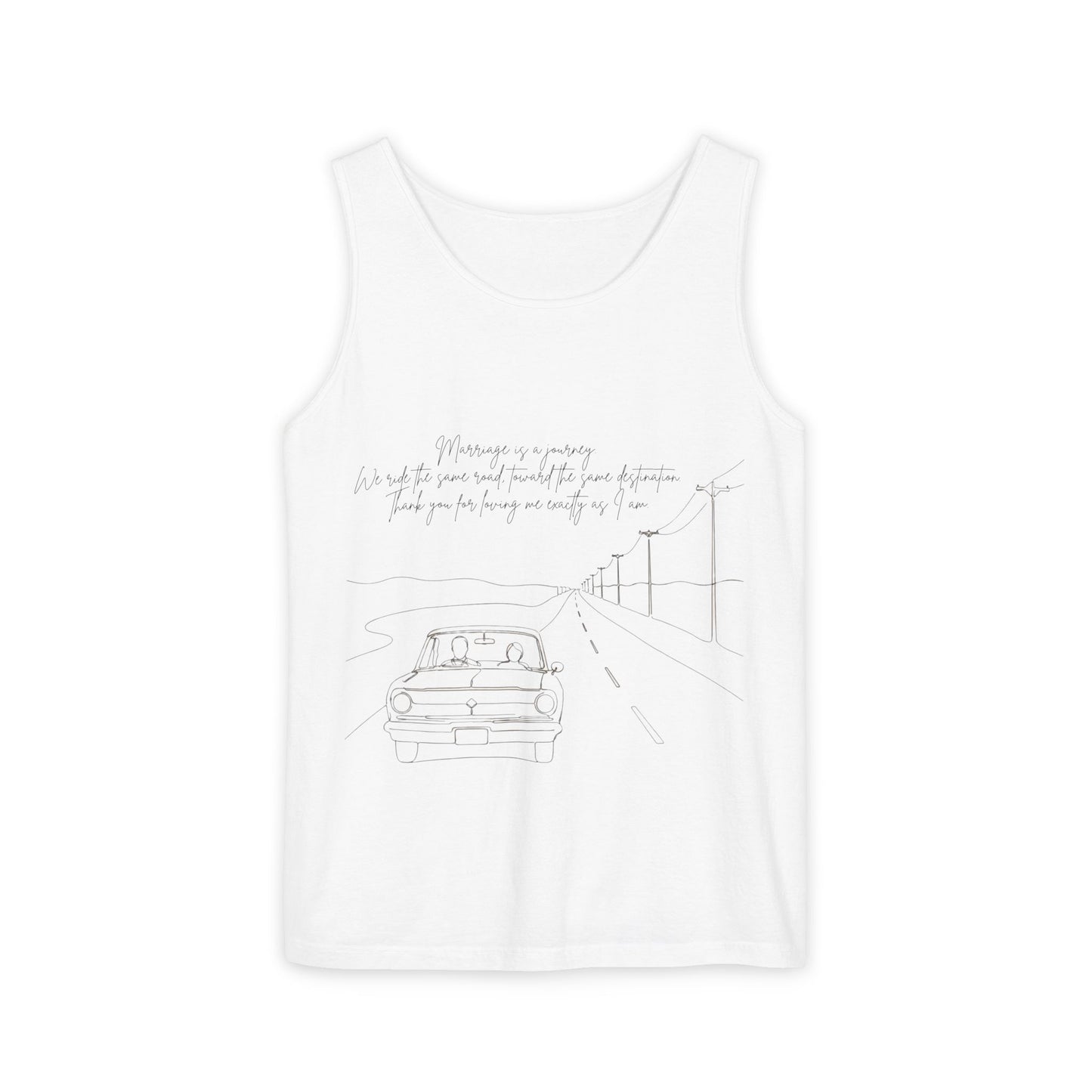 Sketch Roadtrip Tank Top — Minimal Car Line Art with Handwritten Lyric Text