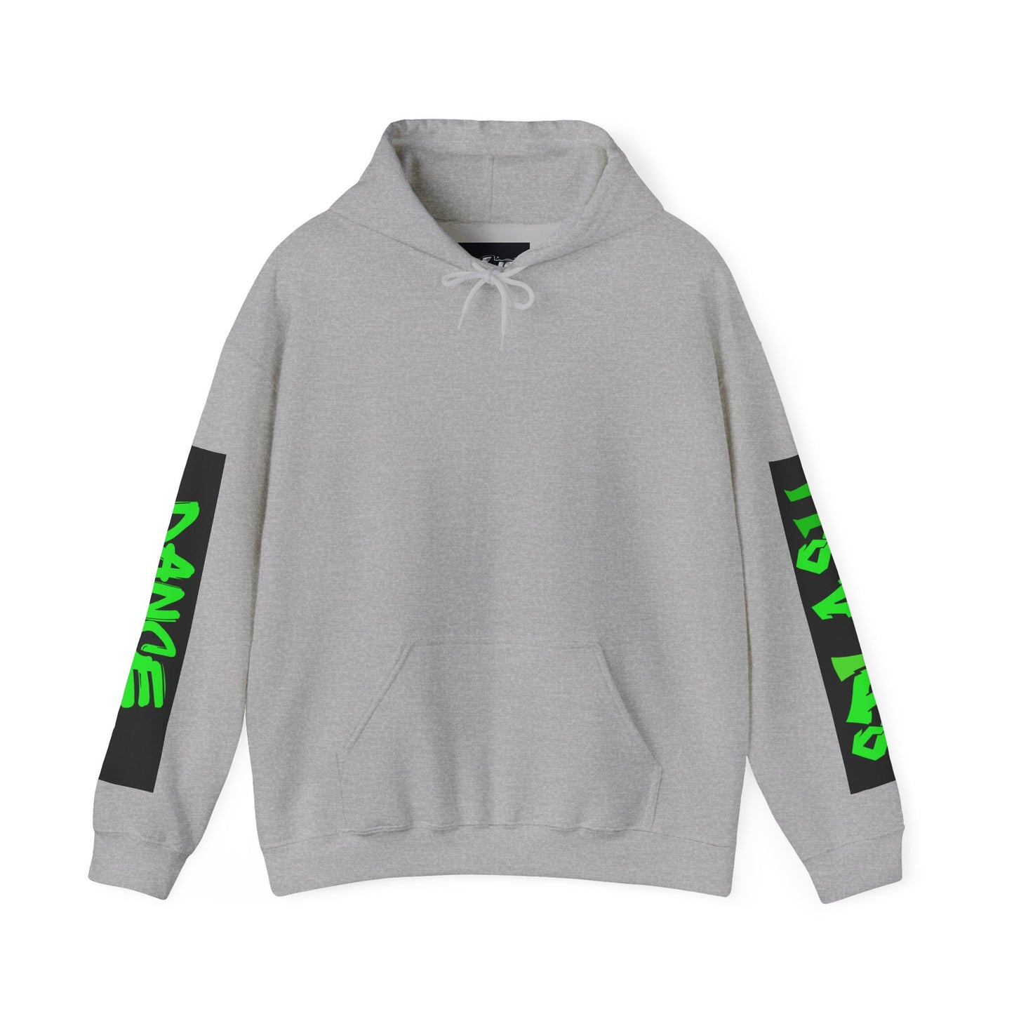 Graphic Sleeve Hoodie — Neon Green Streetwear Text on White Hooded Sweatshirt