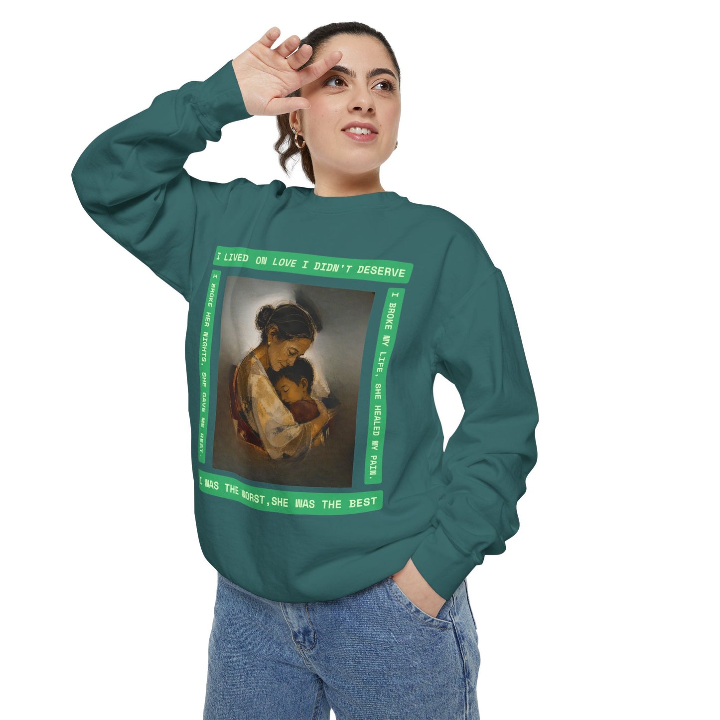 Mother & Child Sweatshirt — Vintage Art Crewneck with "I Lived, I Loved" Quote