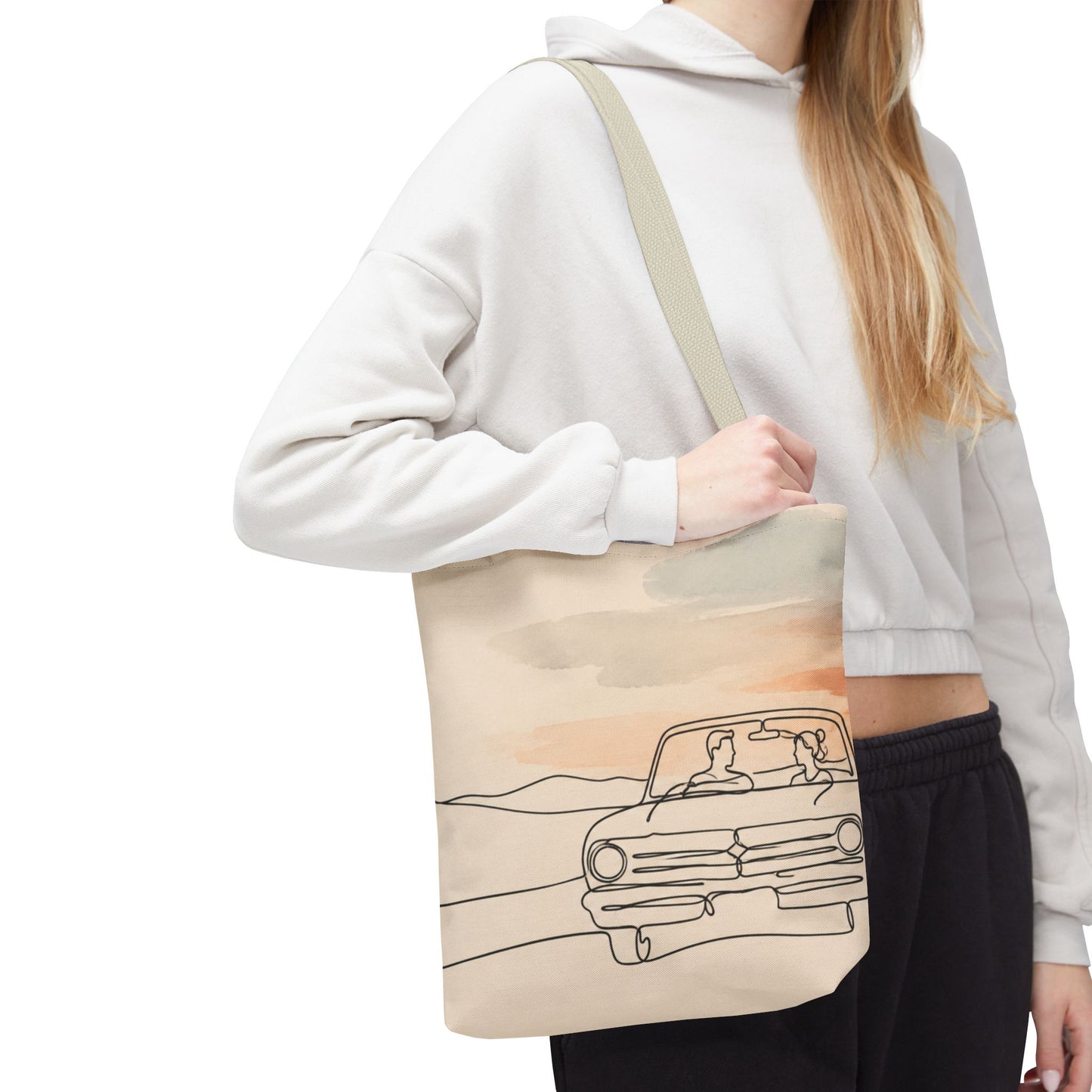 Beach Road Sunset Tote Bag — Hand-Drawn Retro Car & Sunset Illustration