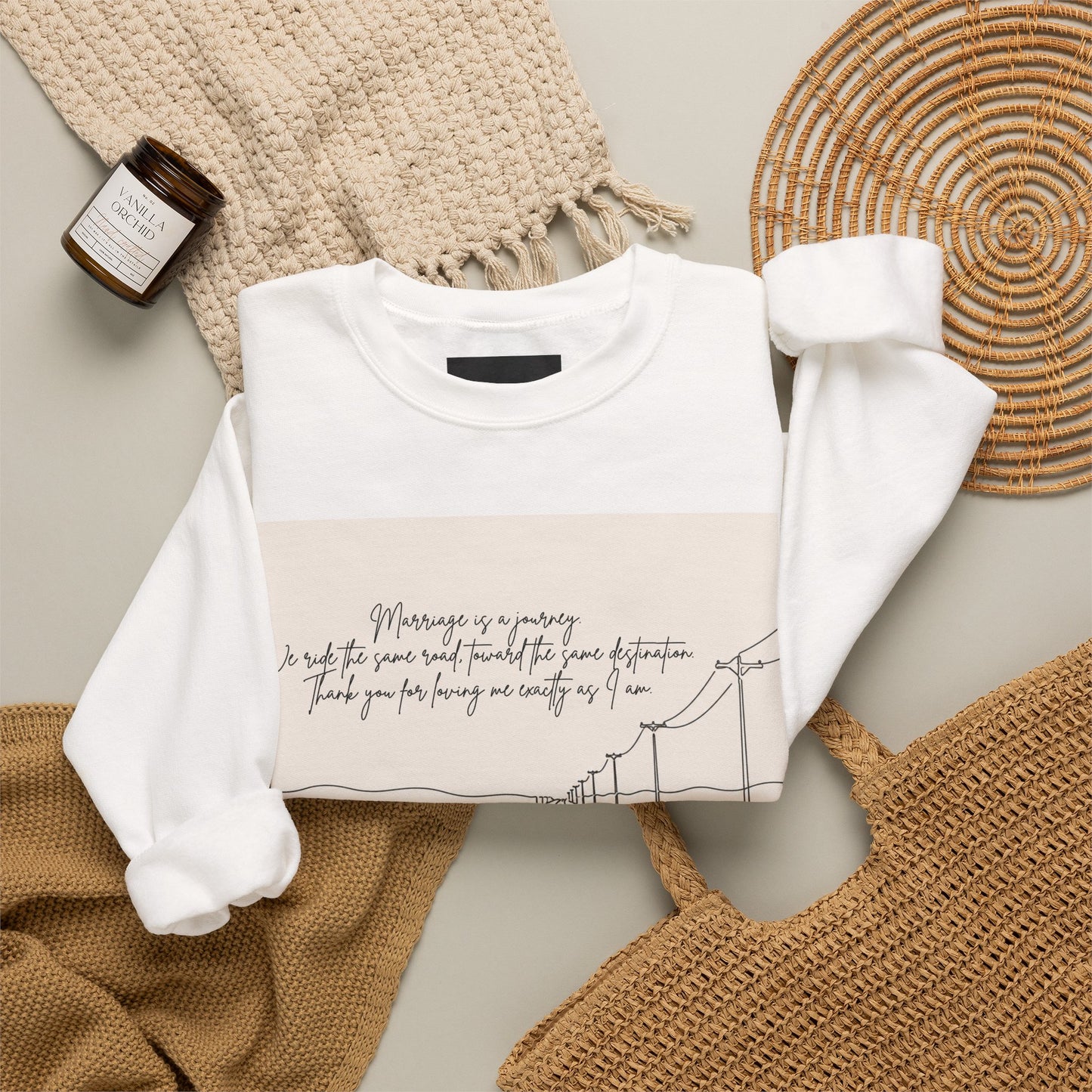 Graphic Sweatshirt — Minimal Line Art Road Trip Design with Inspirational Script