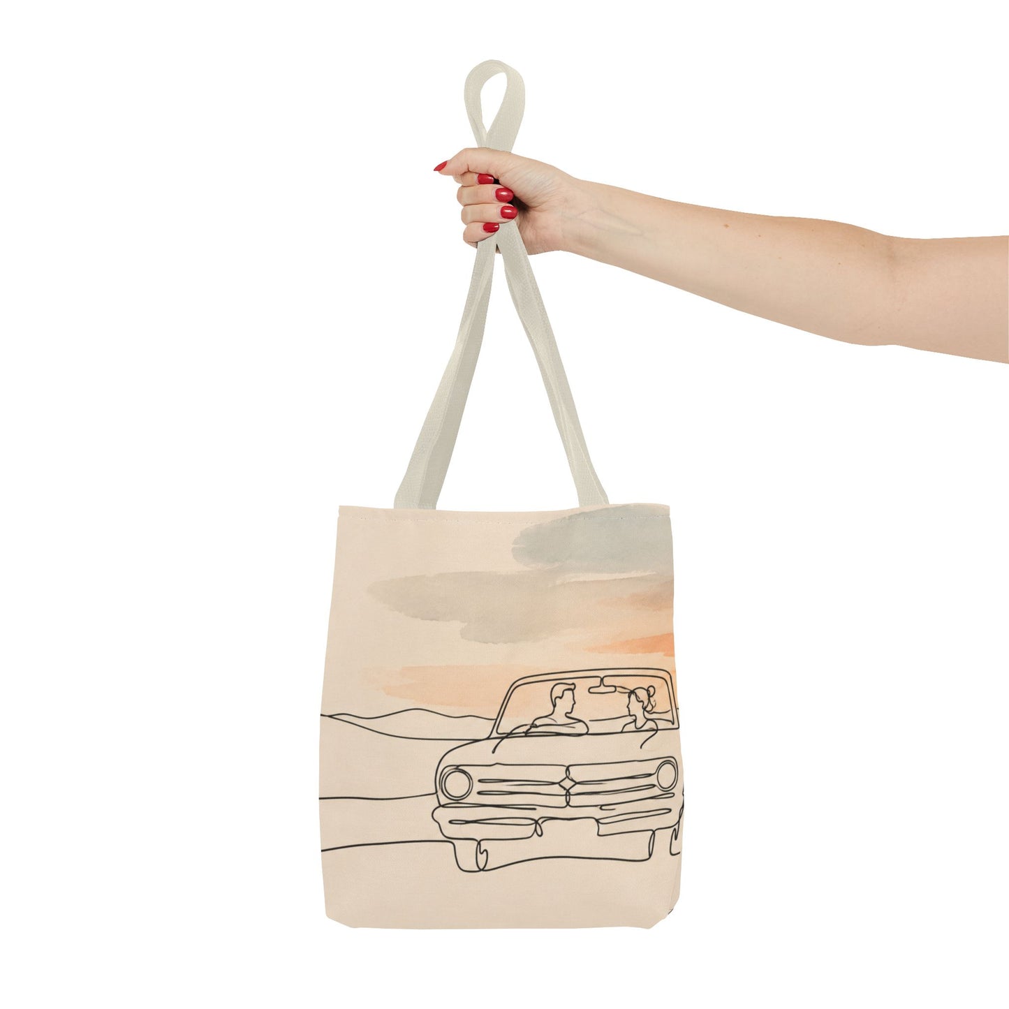 Beach Road Sunset Tote Bag — Hand-Drawn Retro Car & Sunset Illustration