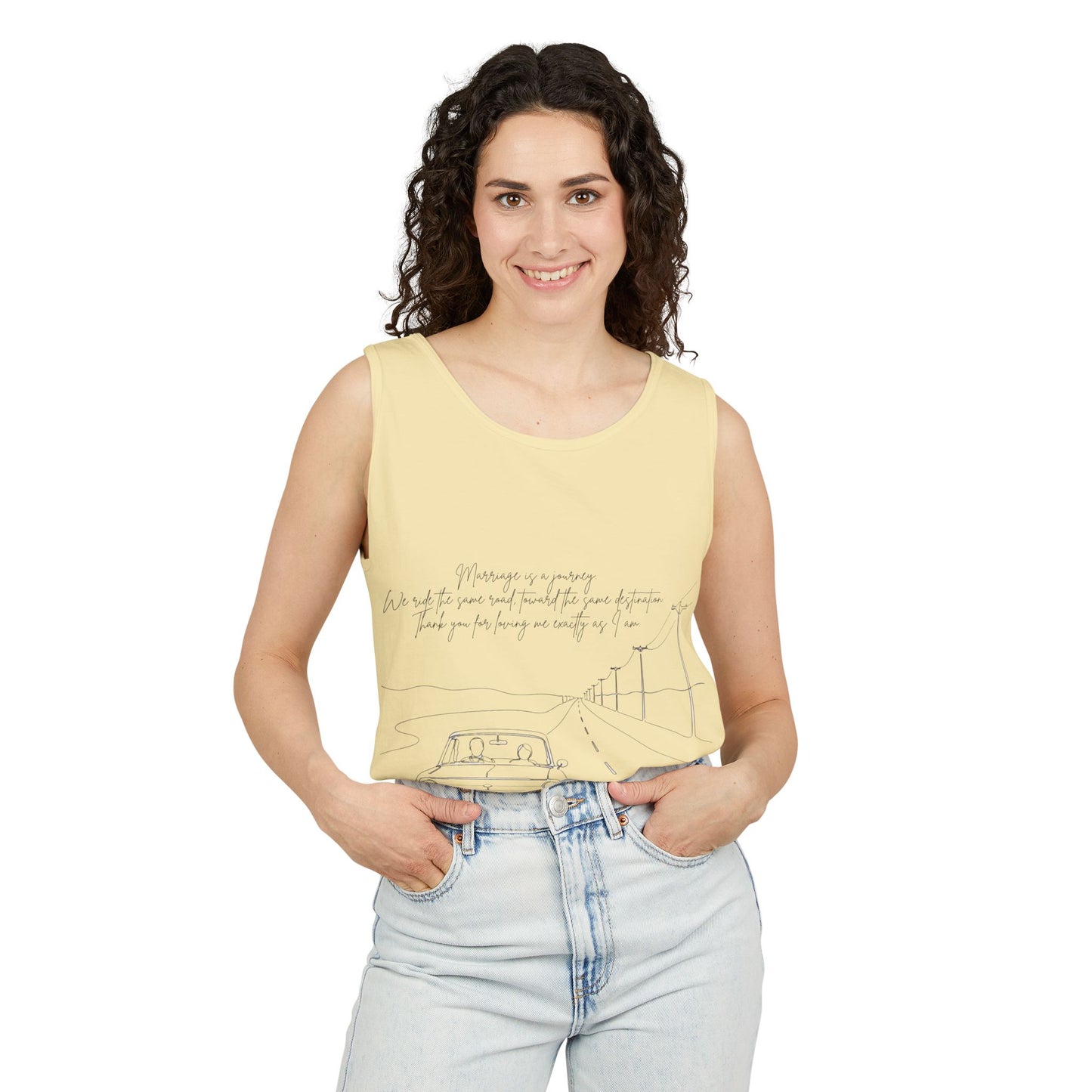 Sketch Roadtrip Tank Top — Minimal Car Line Art with Handwritten Lyric Text