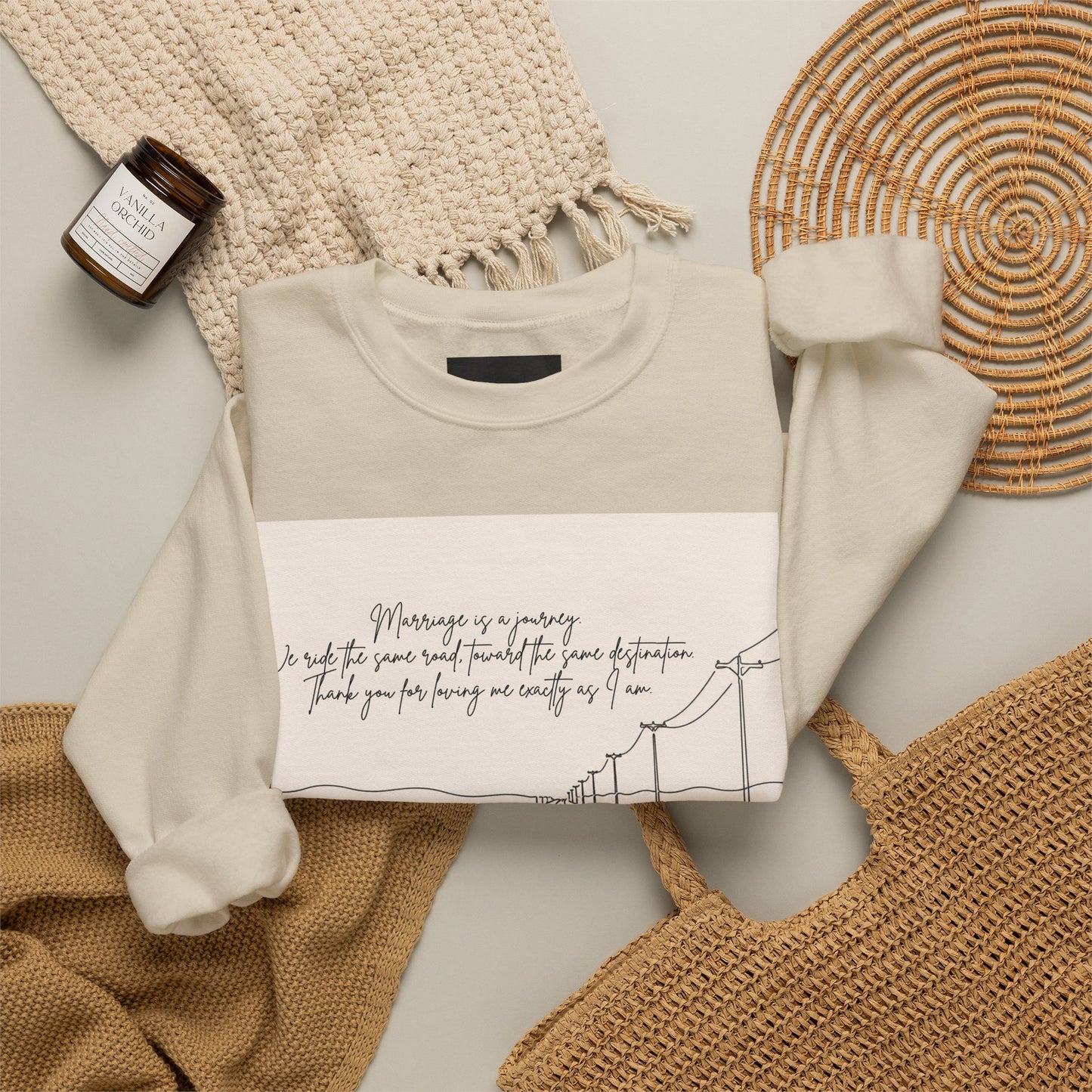 Graphic Sweatshirt — Minimal Line Art Road Trip Design with Inspirational Script
