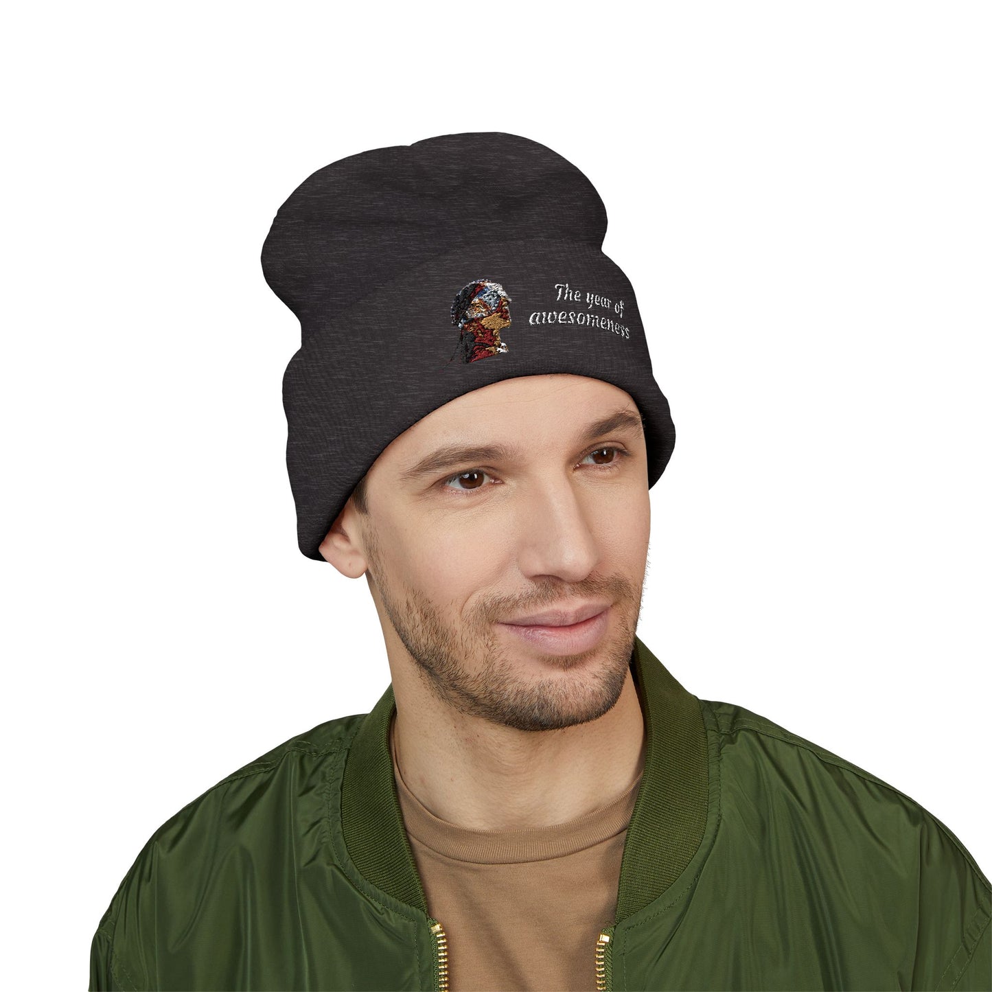 Embroidered Portrait Cuffed Beanie – Minimal Artist Face Knit Hat