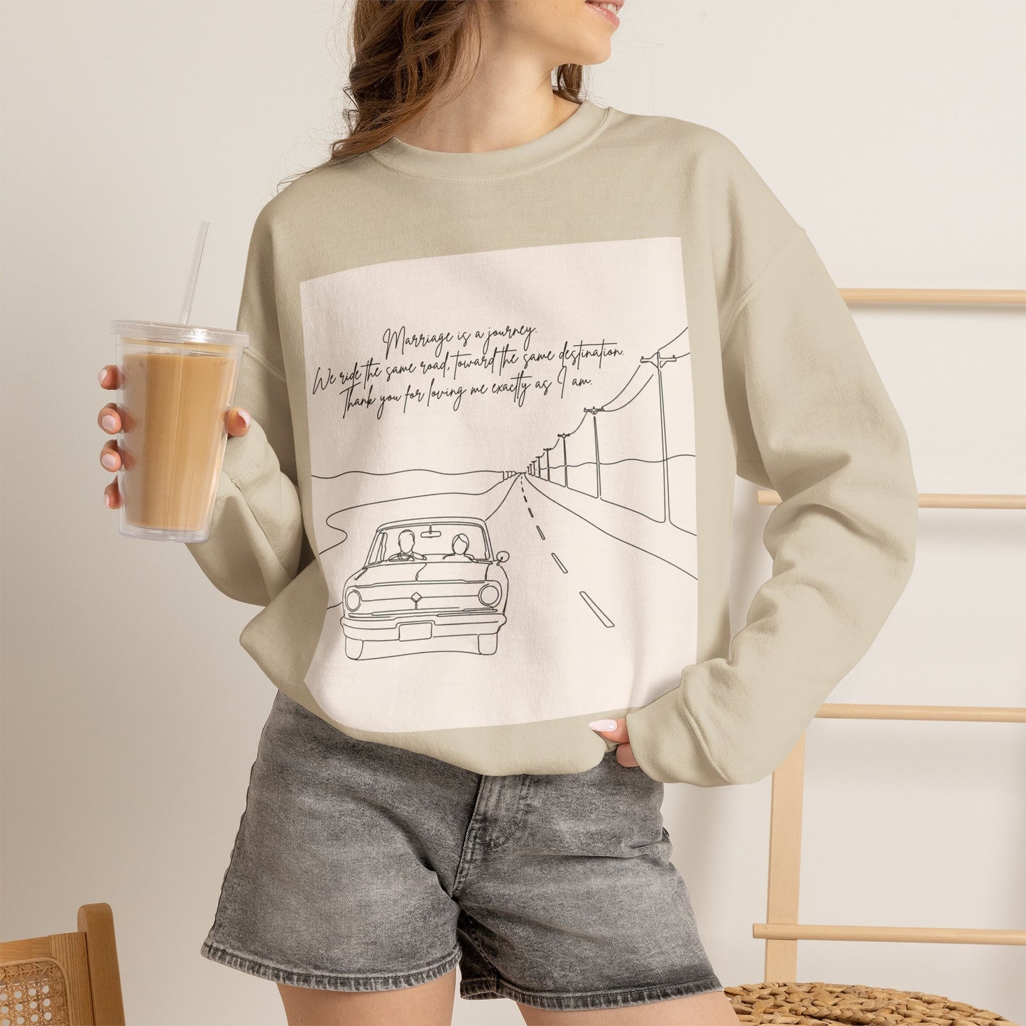 Graphic Sweatshirt — Minimal Line Art Road Trip Design with Inspirational Script
