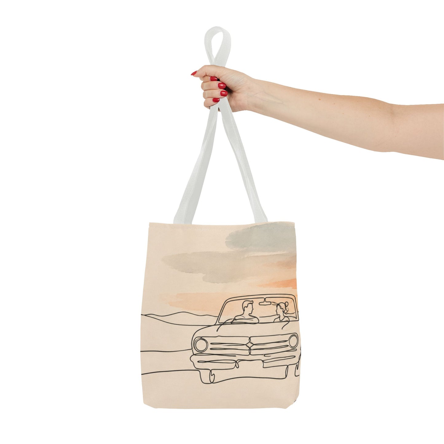 Beach Road Sunset Tote Bag — Hand-Drawn Retro Car & Sunset Illustration