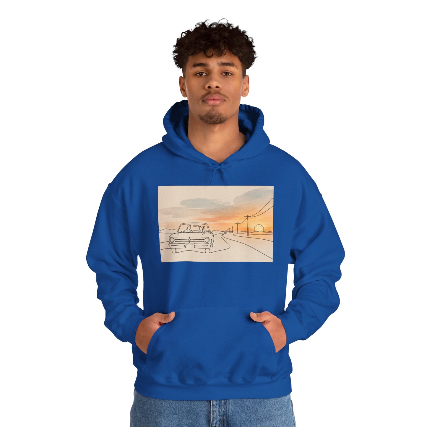 Sunset Drive Hoodie – Retro Car Road Trip Graphic Sweatshirt