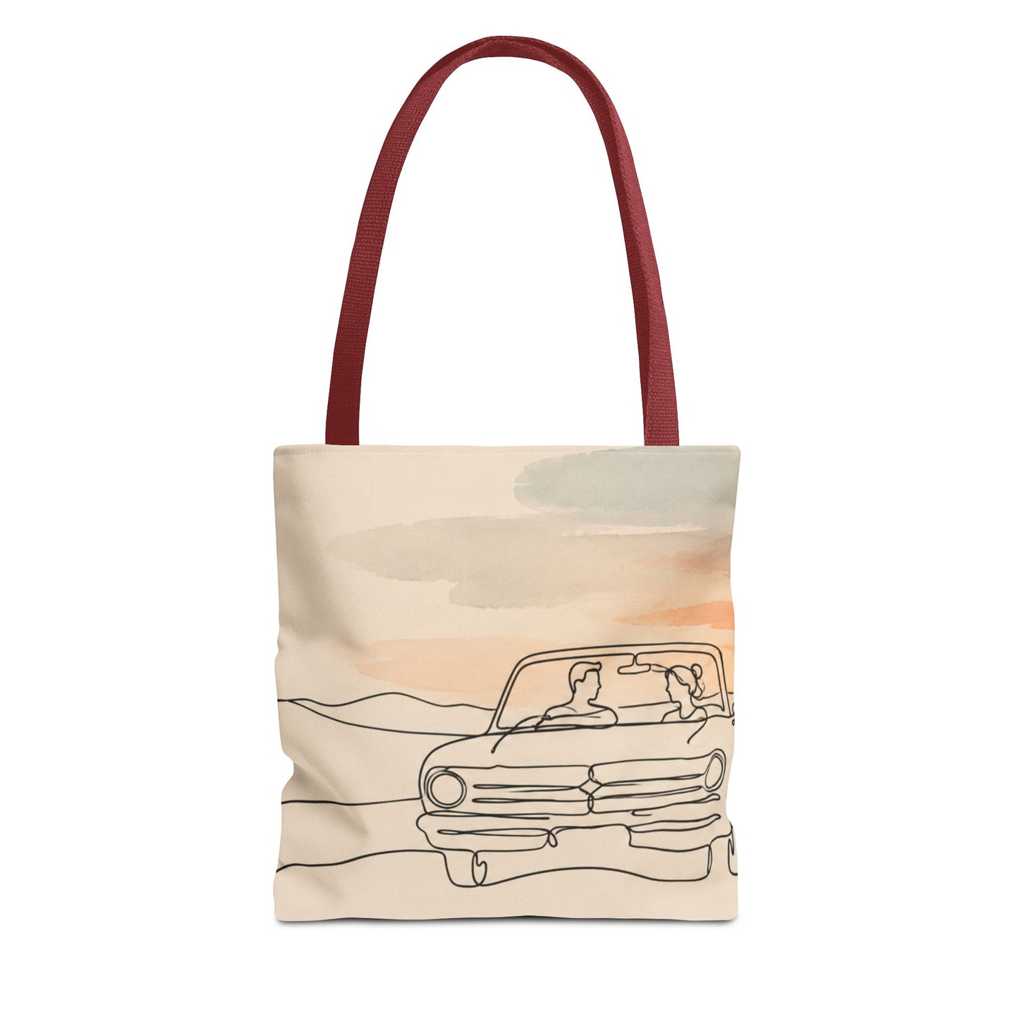 Beach Road Sunset Tote Bag — Hand-Drawn Retro Car & Sunset Illustration