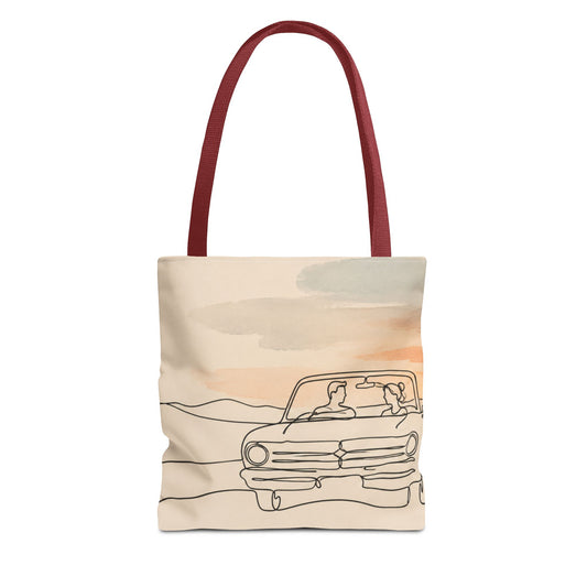 Beach Road Sunset Tote Bag — Hand-Drawn Retro Car & Sunset Illustration