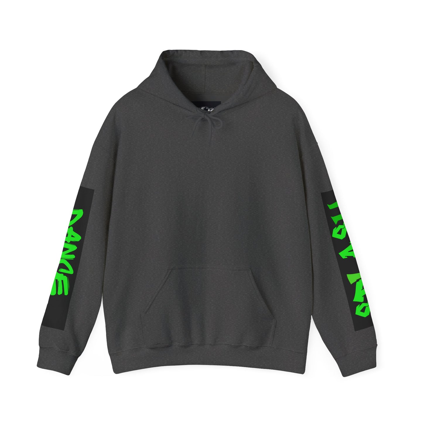 Graphic Sleeve Hoodie — Neon Green Streetwear Text on White Hooded Sweatshirt
